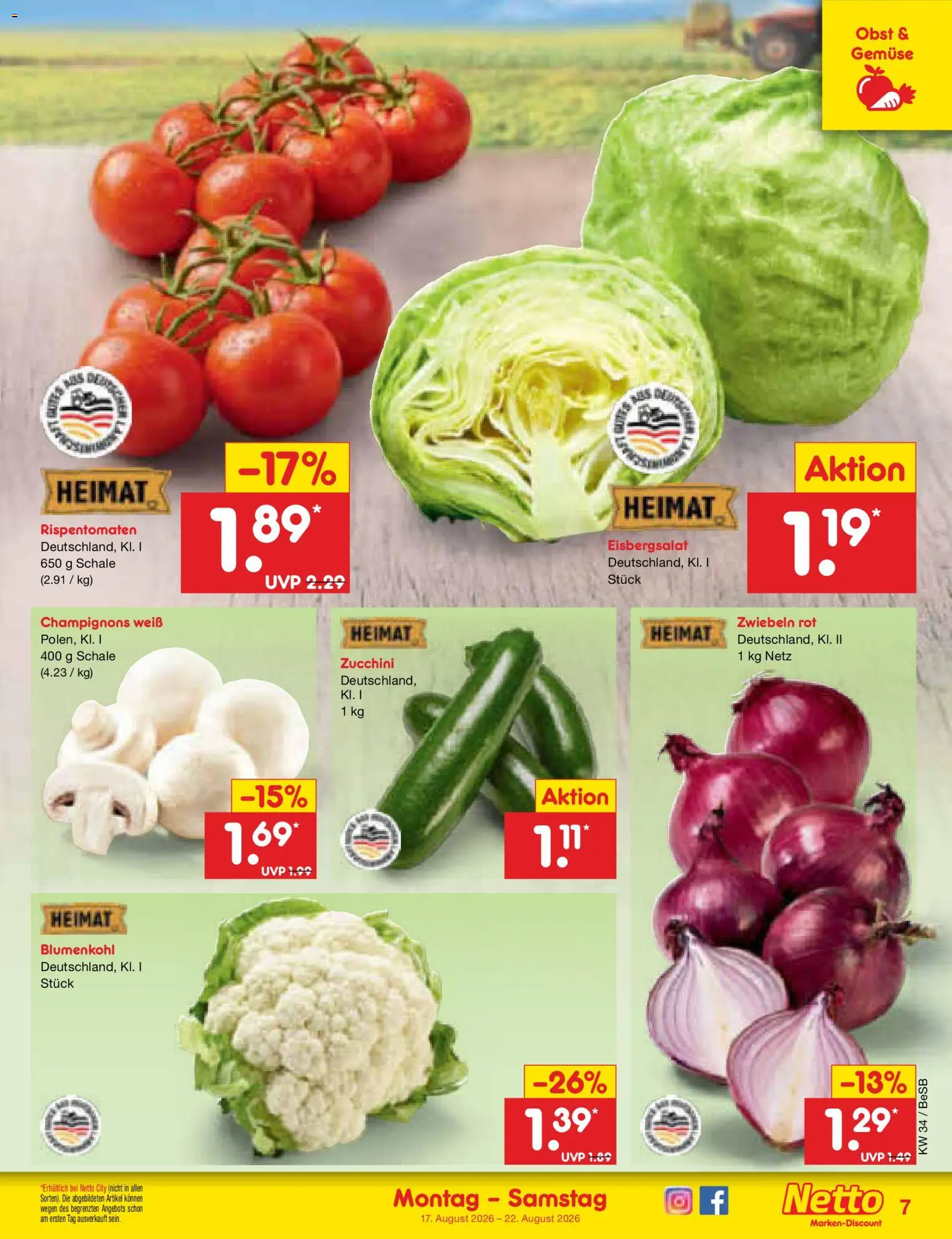 Netto Marken-Discount Prospekt – gültig ab 17.08.2026 | Seite: 9 | Produkte: Eisbergsalat, Zwiebeln, Obst, Blumenkohl