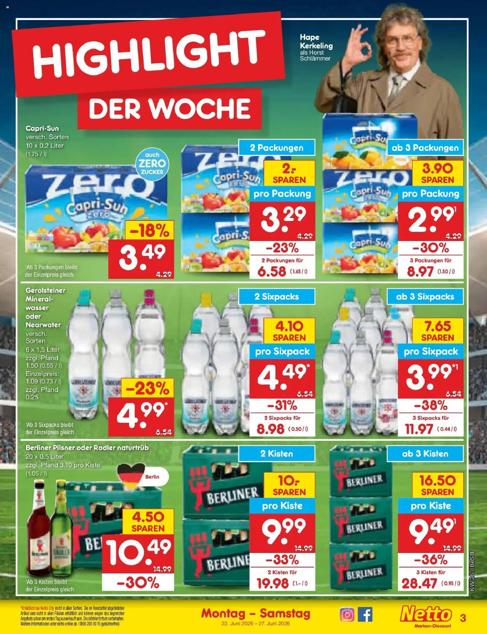 Netto Marken-Discount Prospekt Kremmen – gültig ab 22.06.2026 | Seite: 3 | Produkte: Berliner, Wasser, Zucker, Gerolsteiner