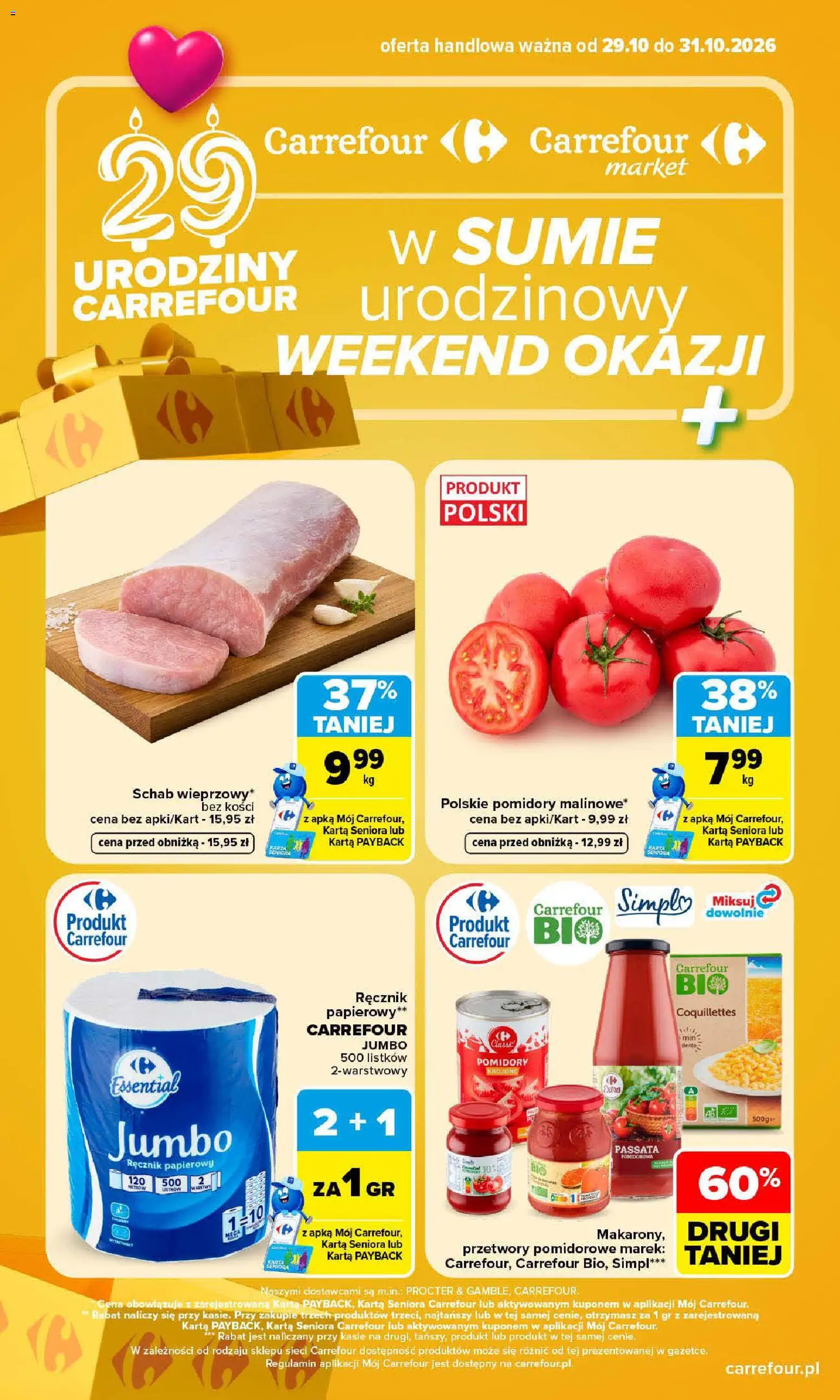 Carrefour gazetka - Weekend okazji od 29.10.2026 | Strona: 1 | Produkty: Karta, Przetwory, Passata, Ręcznik papierowy