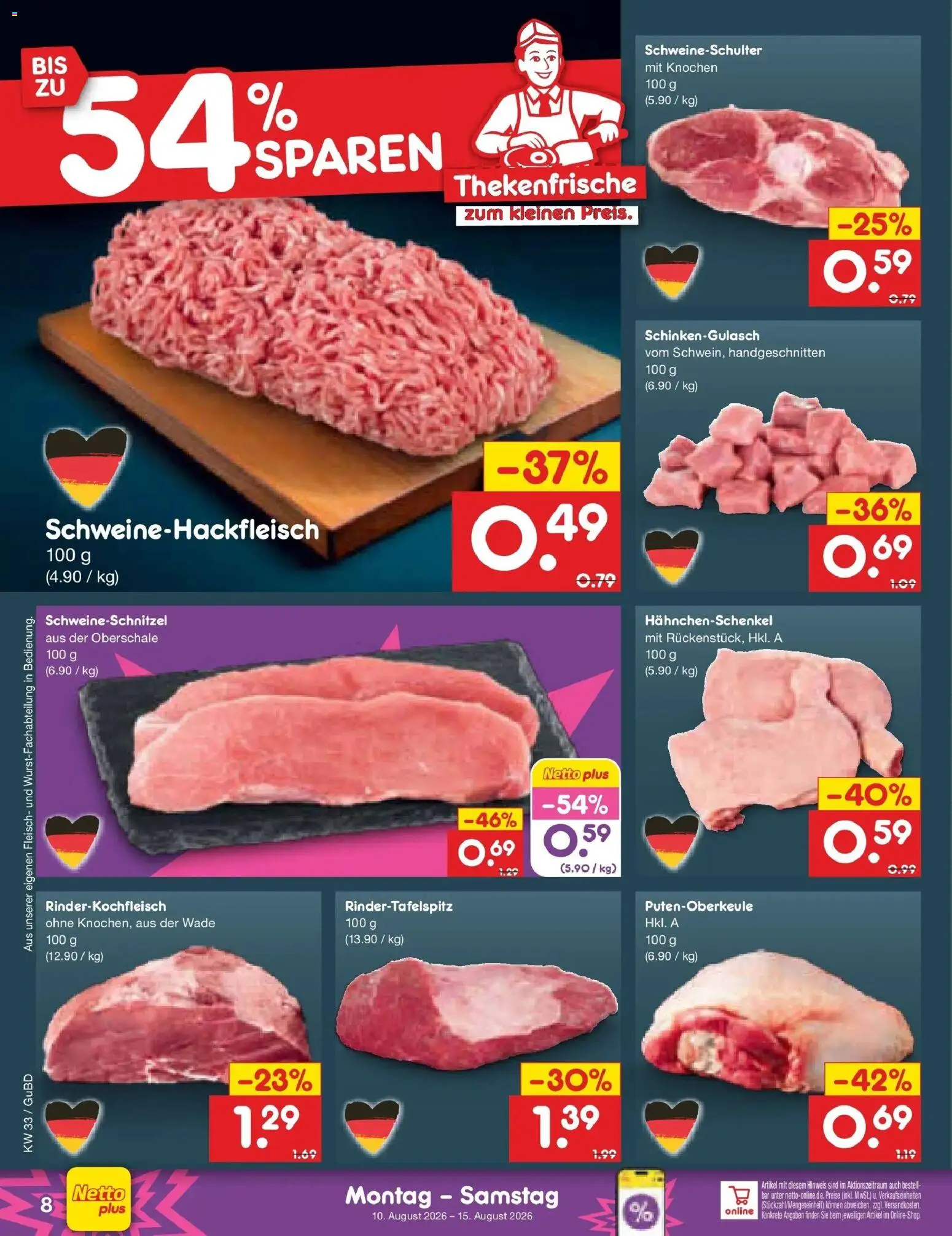 Netto Marken-Discount Prospekt Augustusburg (ab 10.08.2026) » Angebote | Seite: 8 | Produkte: Hahnchenschenkel, Fleisch