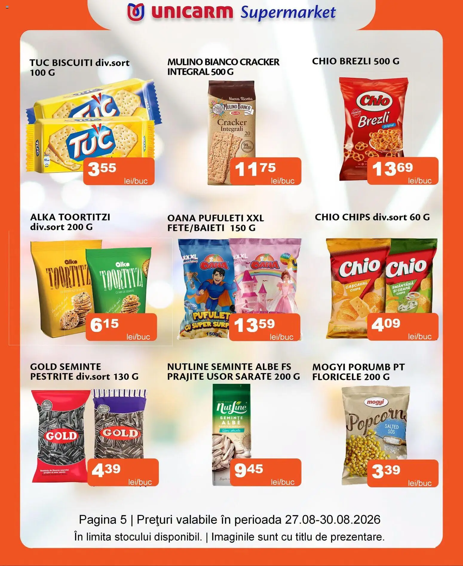 Noul catalog Unicarm – valabil de la 27.08.2026 | Pagină: 5 | Produse: Pufuleți, Smântână, Biscuiți, Porumb
