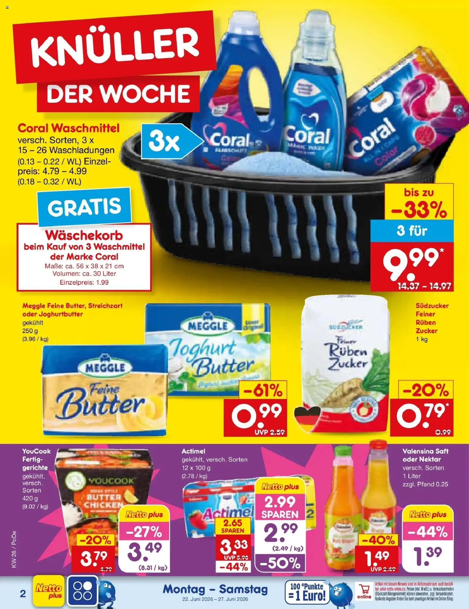 Netto Marken-Discount Prospekt Selb – gültig ab 22.06.2026 | Seite: 2 | Produkte: Actimel, Youcook, Valensina, Meggle butter