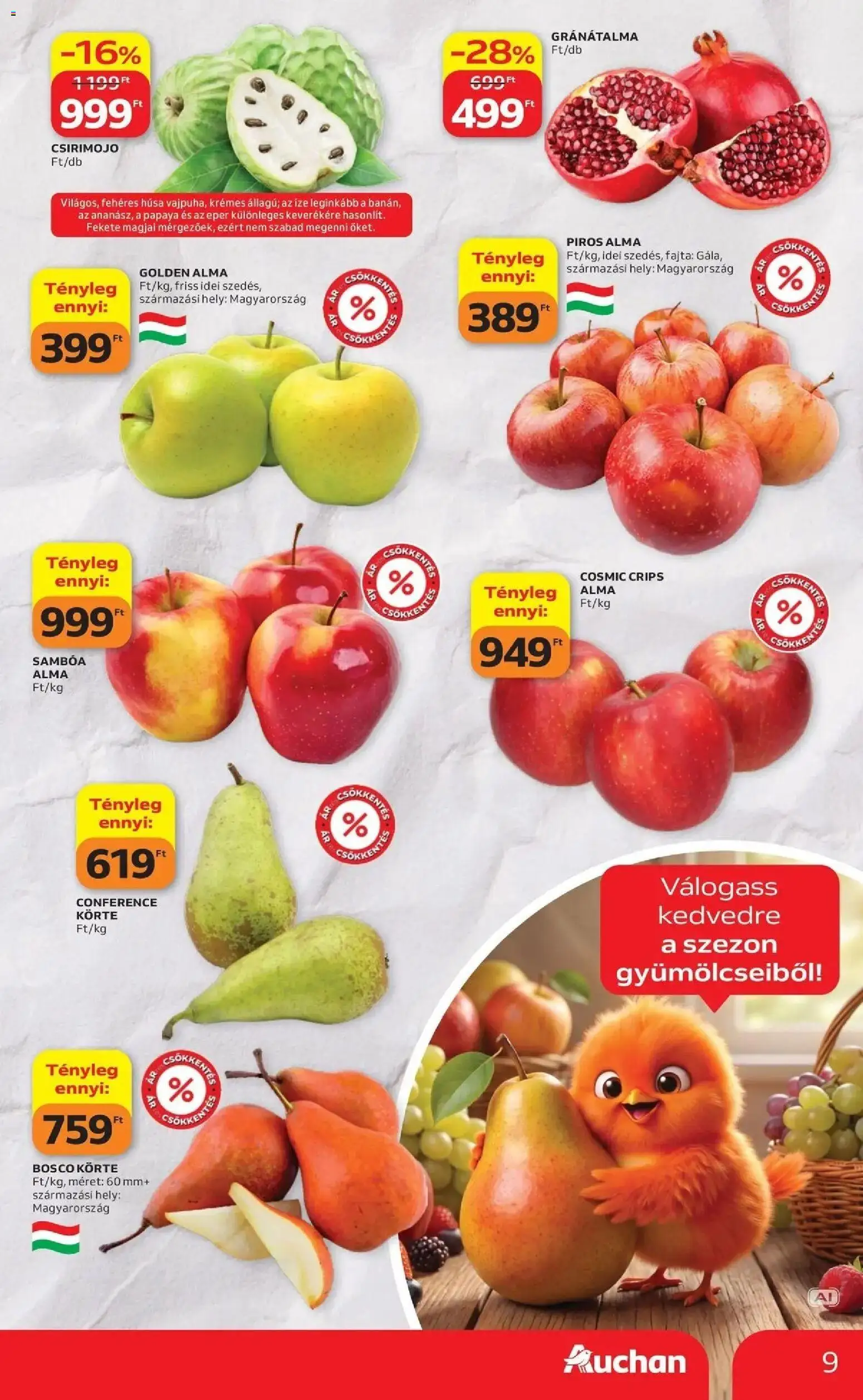 Auchan akciós ujság - amely érvényes a következő dátumtól: 2026.09.24. | Oldal: 9 | Termékek: Körte, Gránátalma, Alma, Eper