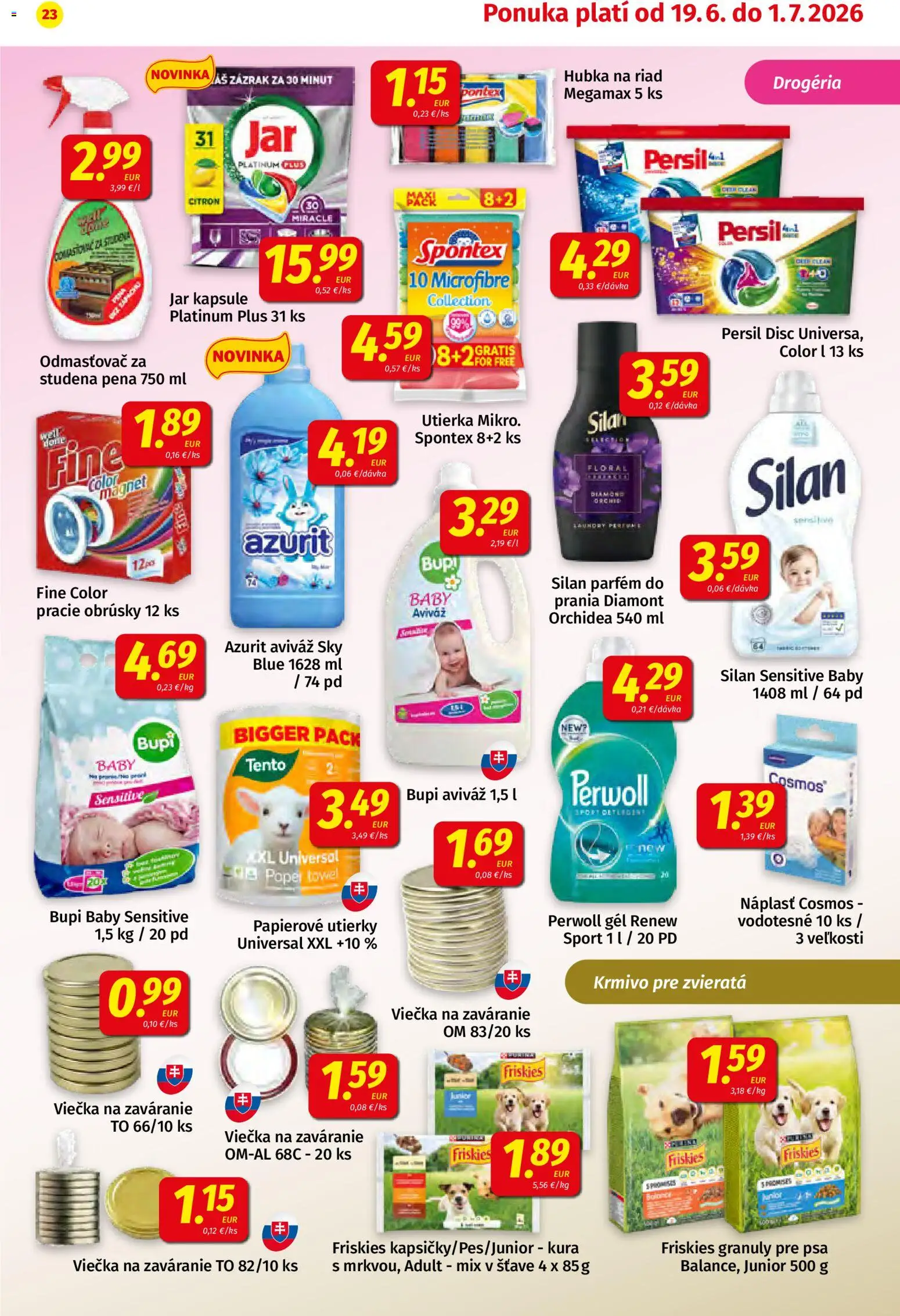 Nové Koruna akcie – leták je platný od 19.06.2026 | Strana: 23 | Produkty: Friskies, Perwoll, Parfém, Jar