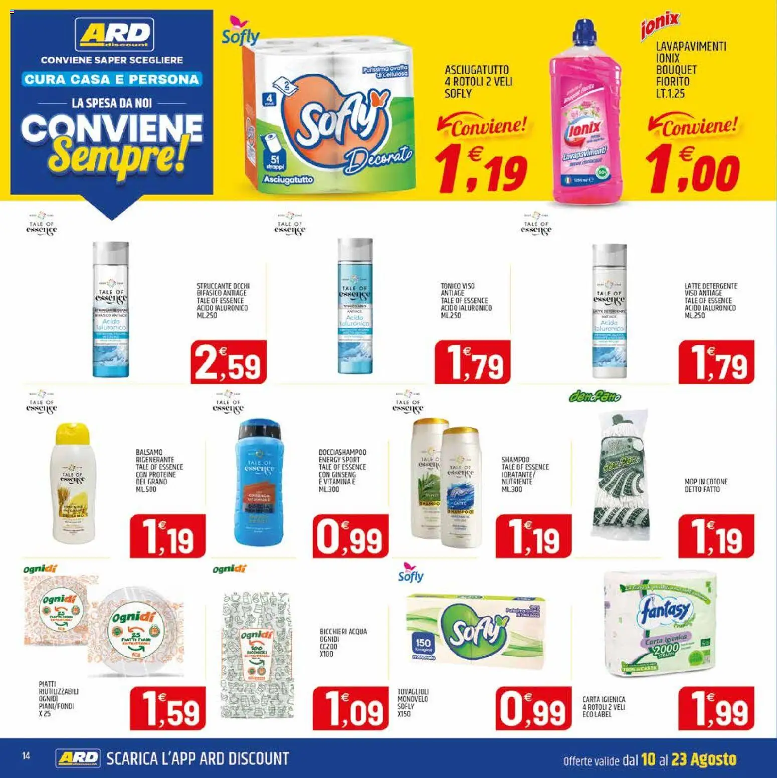 Volantino ARD Discount del 10/08/2026 | Pagina: 22 | Prodotti: Carta igienica, Piatti, Acqua, Tonico