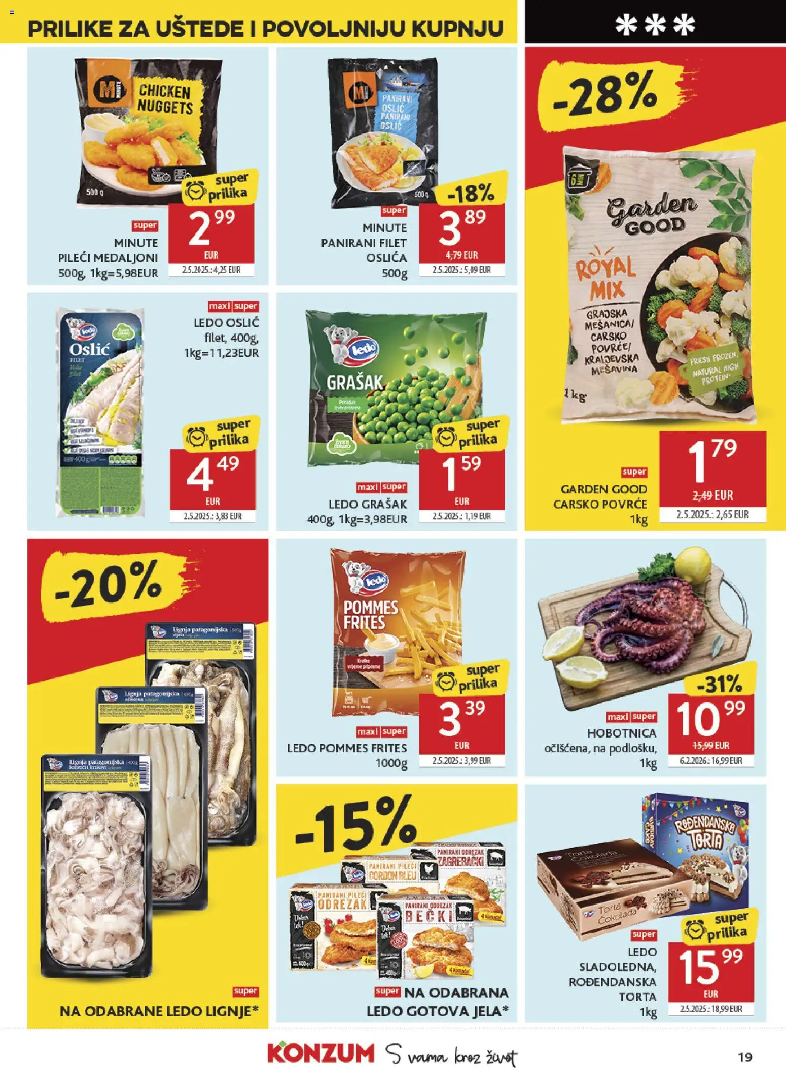 Konzum katalog | vrijedi od 15.07.2026 | Stranica: 19 | Proizvodi: Hobotnica, Čokolada, Oslić, Torta