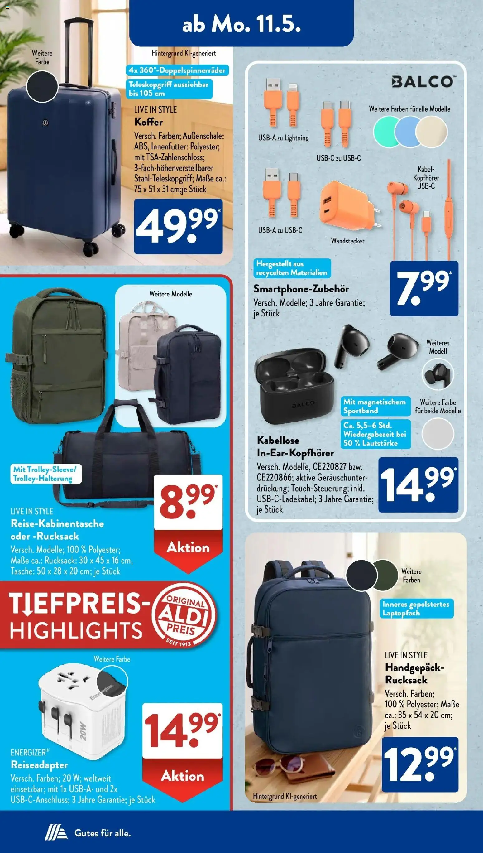 Aldi Süd Wochenangebote – gültig ab 11.05.2026 | Seite: 11 | Produkte: Tasche, Rucksack, Koffer, Kopfhörer