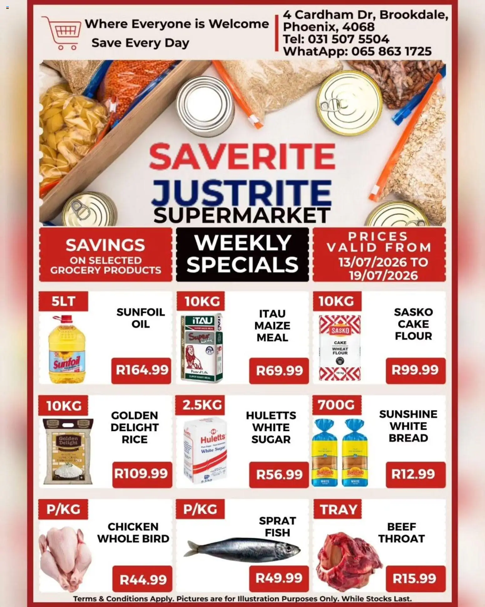 New Saverite catalogue – valid from 13/07/2026 | Page: 1 | Products: Cake, Tray, Chicken, Sugar