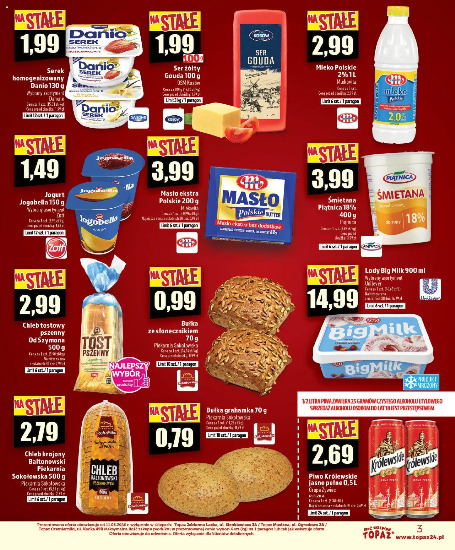 Topaz gazetka - Ceny małe na stałe od 18.06.2026 | Strona: 3 | Produkty: Mango, Chleb tostowy, Jogurt, Piwo