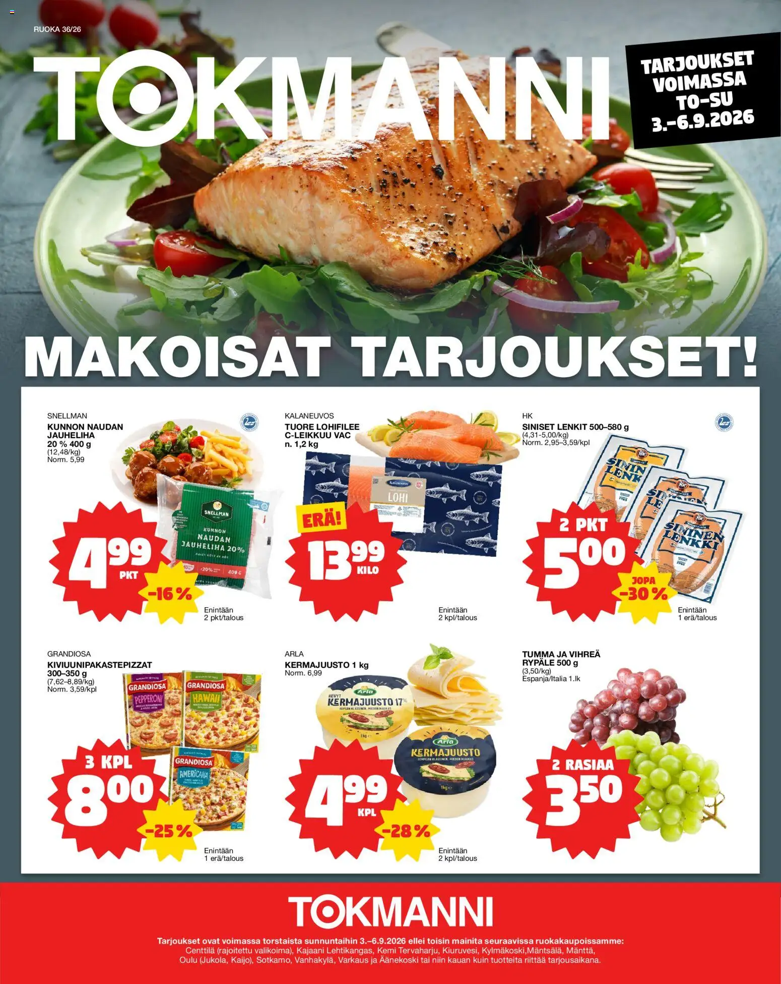 Tokmanni - Ruokasanomat – voimassa 03/09/2026 alkaen | Sivu: 1 | Tuotteet: Lohi, Jauheliha, Kermajuusto