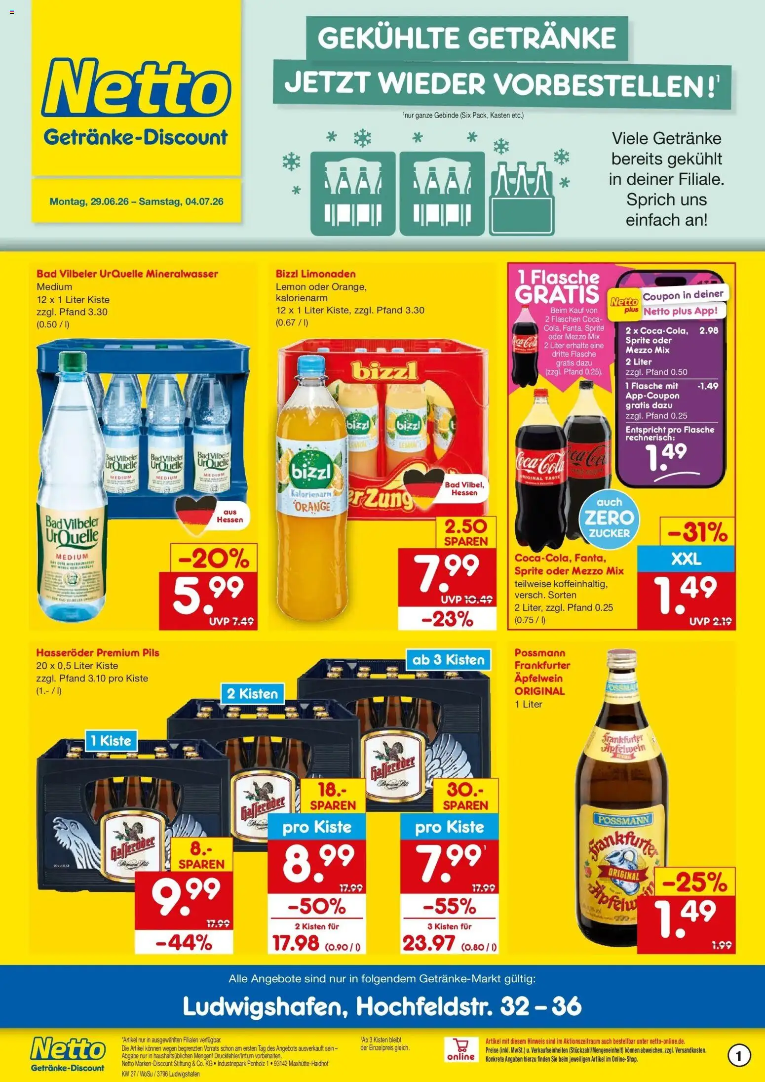 Netto Marken-Discount Prospekt Ludwigshafen – gültig ab 29.06.2026 | Seite: 1 | Produkte: Sprite, Bad, Mineralwasser, Oder mezzo mix