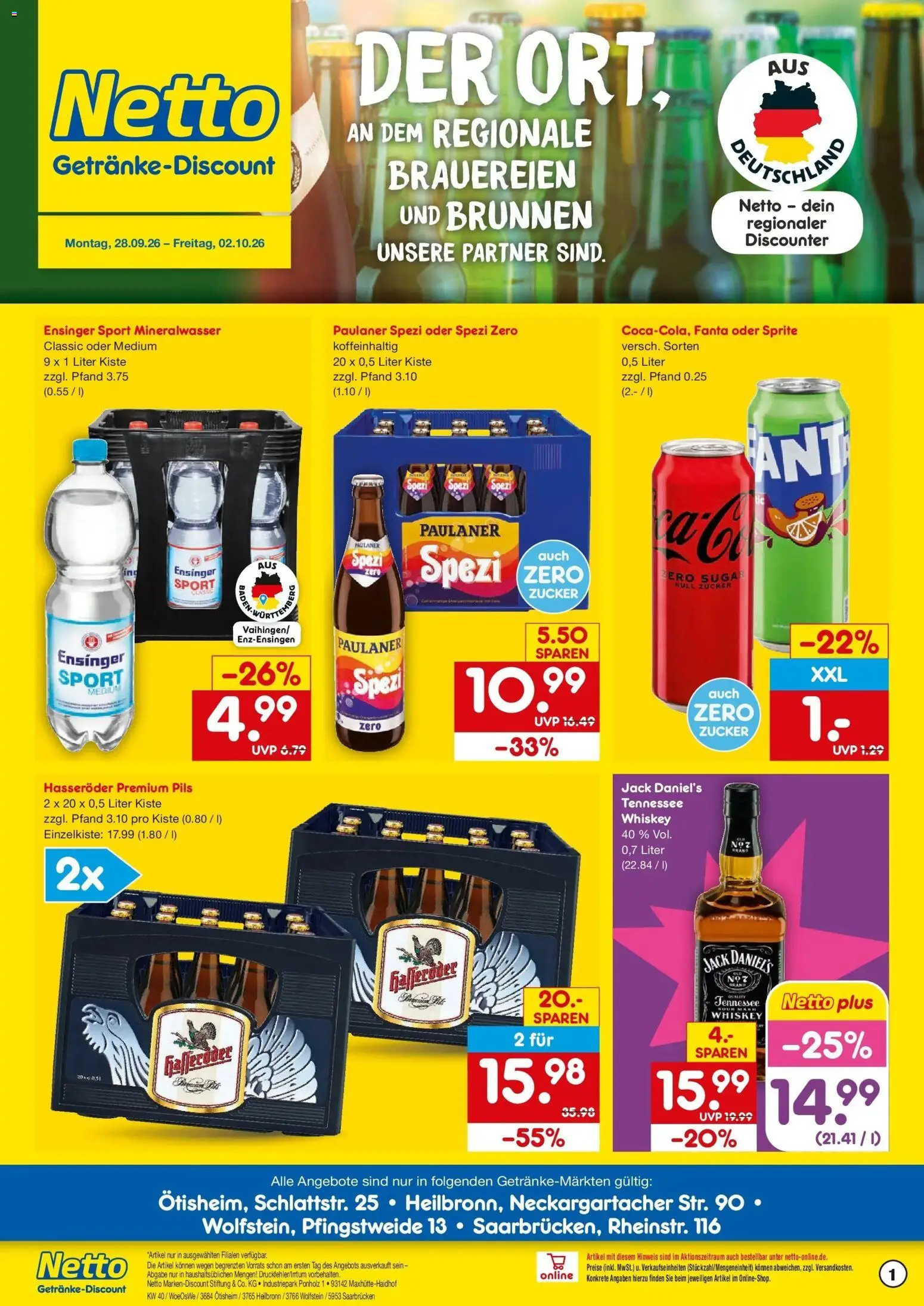Netto Marken-Discount Prospekt Wolfstein – gültig ab 28.09.2026 | Seite: 1 | Produkte: Sprite, Zucker, Hasseröder, Whiskey