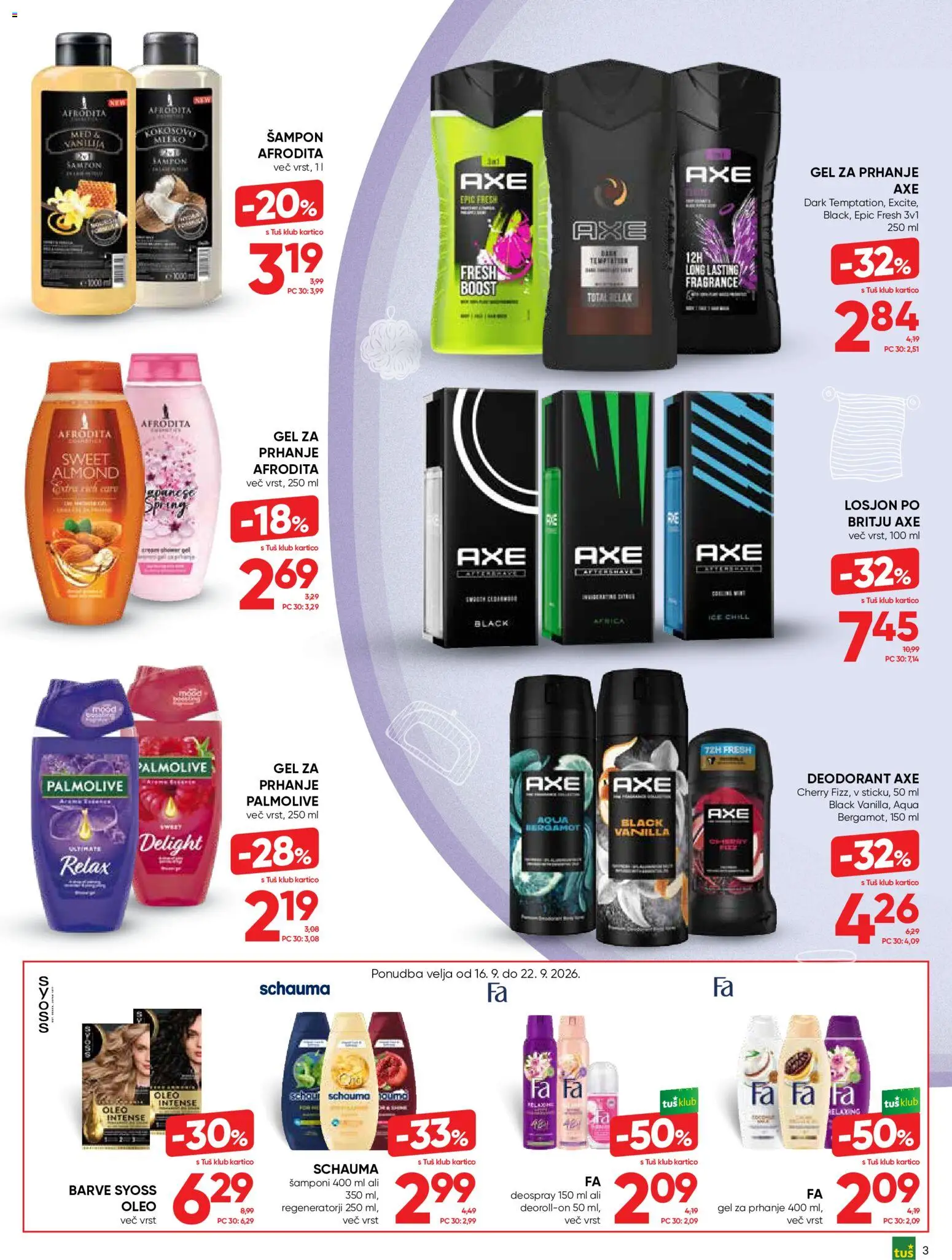 Novi Tuš katalog ponudbe – veljaven od 16.09.2026 | Stran: 3 | Izdelki: Gel za prhanje, Sampon, Deodorant