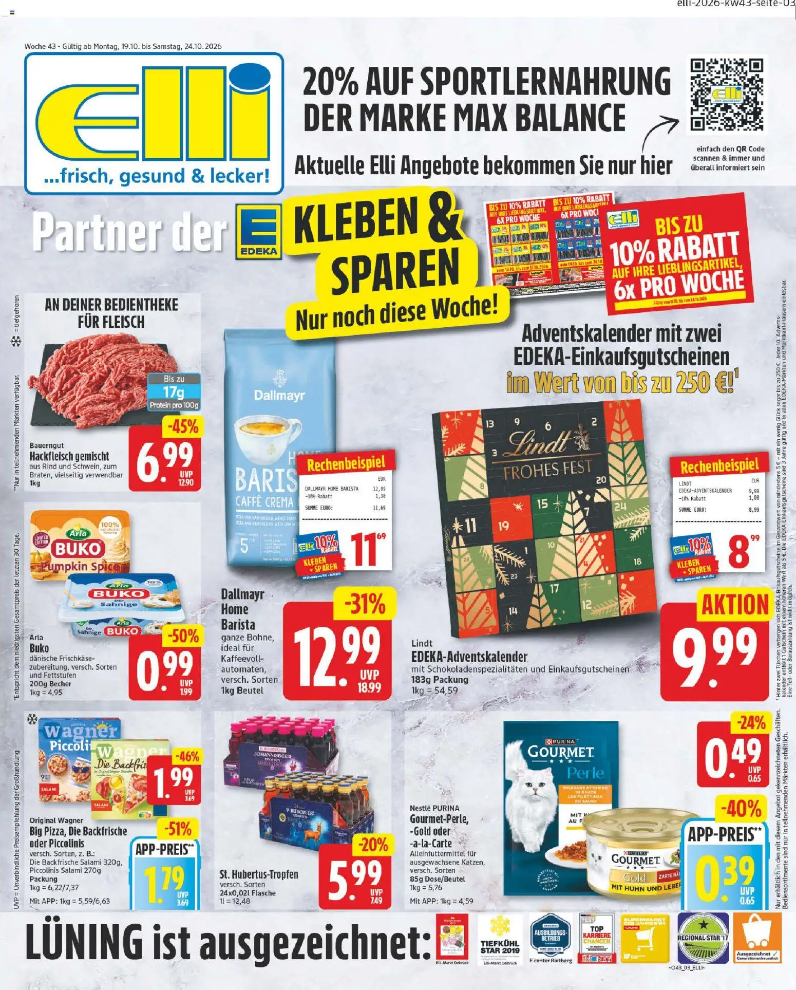 Elli Markt Prospekt Gütersloh – gültig ab 19.10.2026 | Seite: 3 | Produkte: Dallmayr, Salami, Fleisch, Hackfleisch