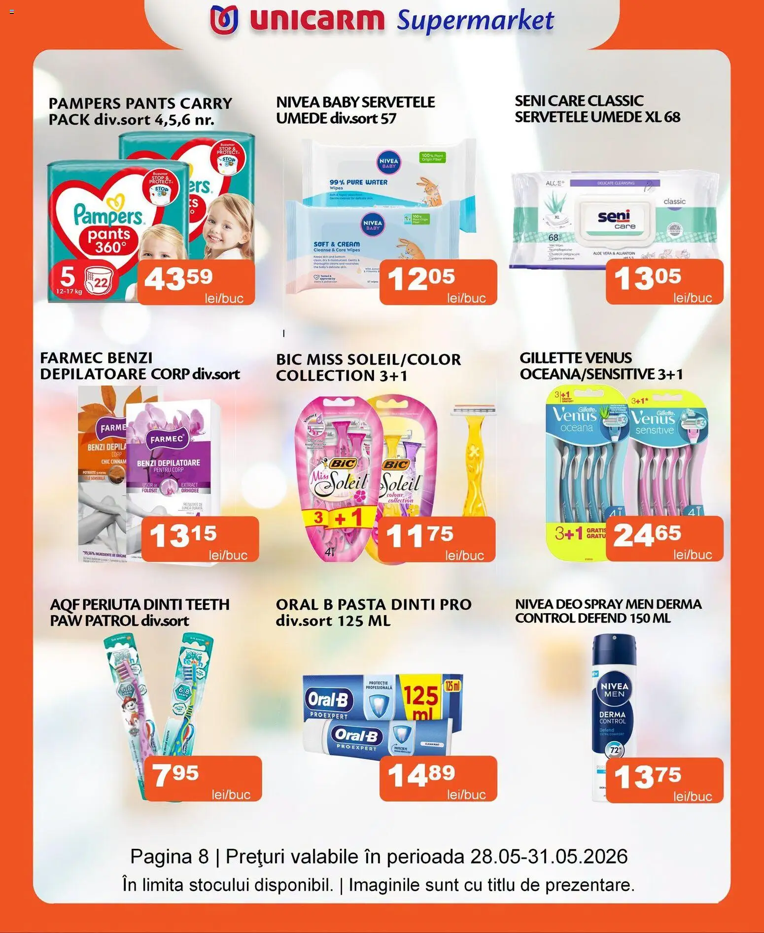 Noul catalog Unicarm – valabil de la 28.05.2026 | Pagină: 8 | Produse: Pomelo, Aloe vera, Șervețele umede, Benzi depilatoare
