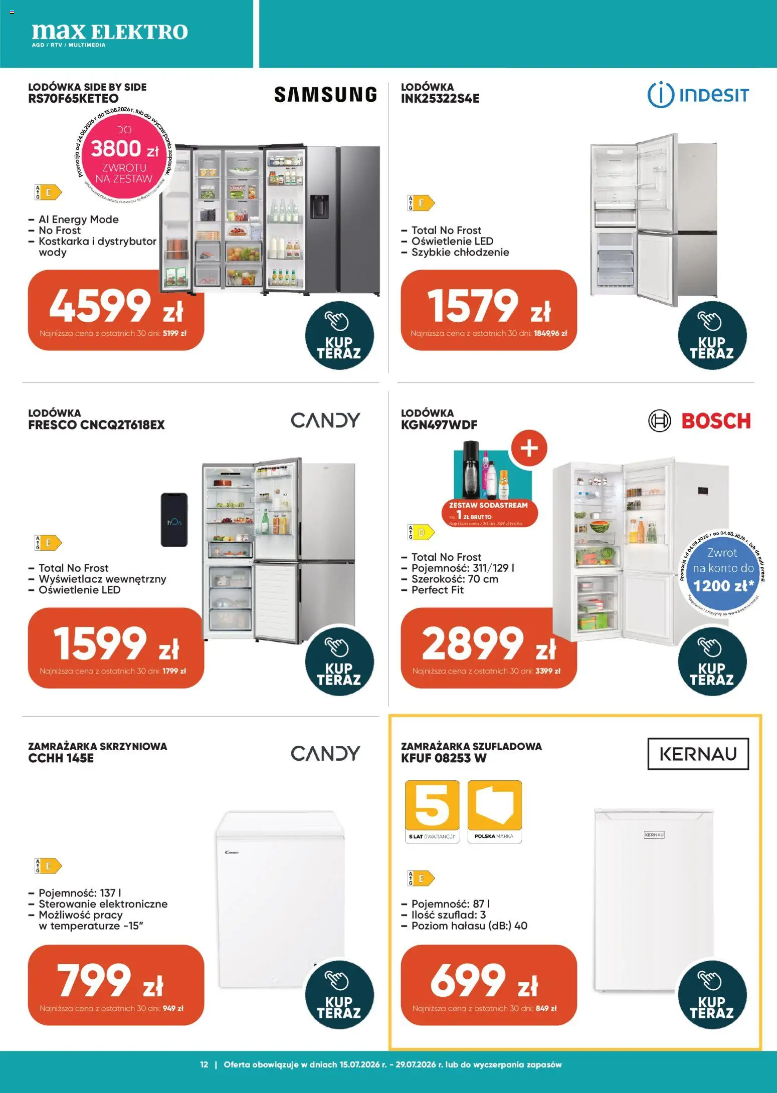 Max elektro gazetka od 15.07.2026 | Strona: 12 | Produkty: Lodówka, Zamrażarka, Fresco, Sodastream