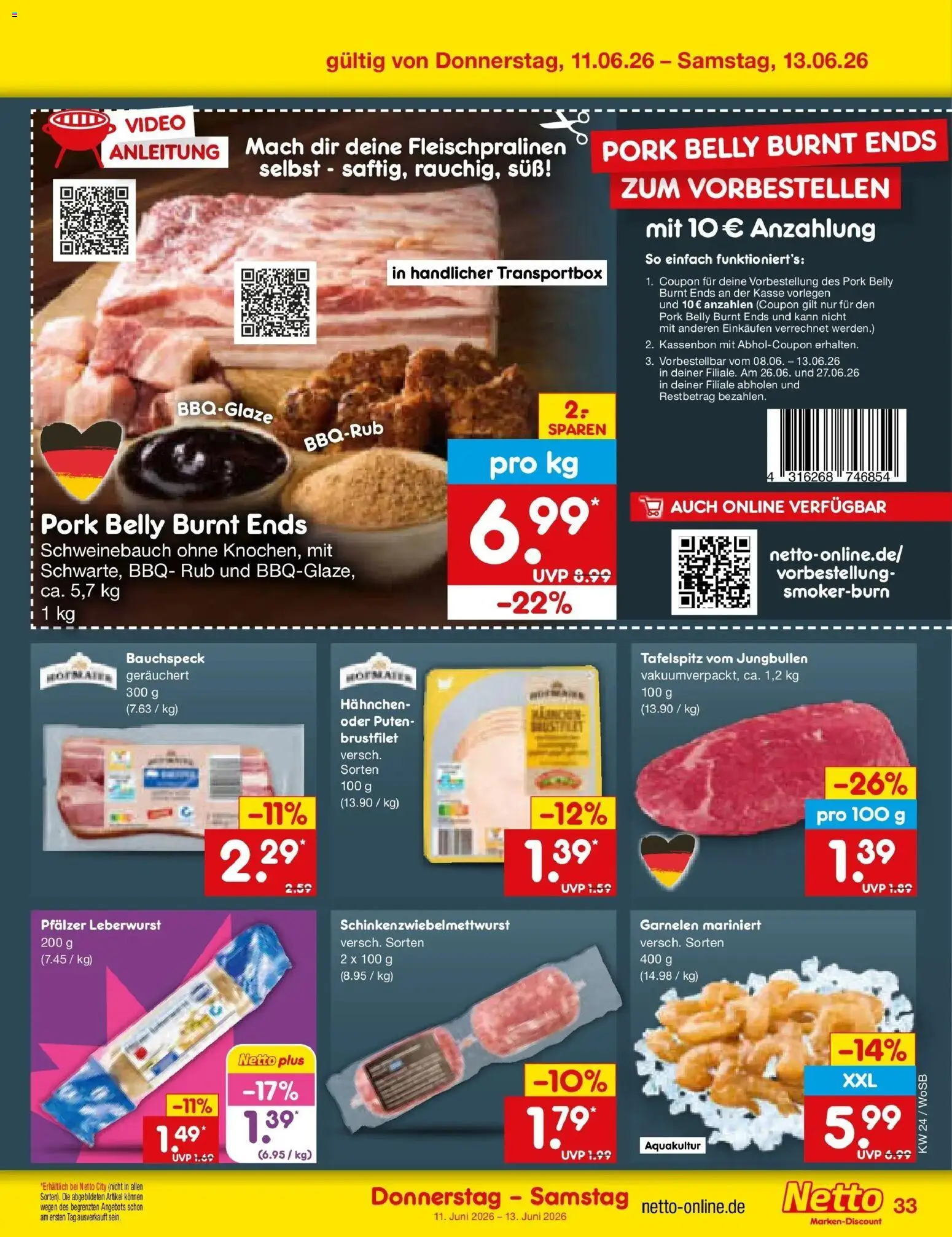 Netto Marken-Discount Prospekt Mannheim – gültig ab 08.06.2026 | Seite: 51 | Produkte: Tafelspitz, Schweinebauch, Garnelen, Video
