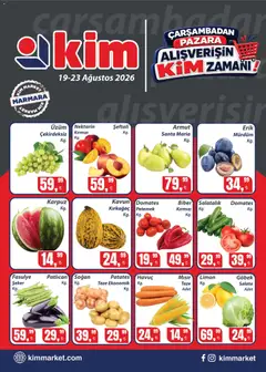 19 Ağustos 2026 tarihinden itibaren geçerli olan Kim Market kataloğu önizlemesi | Sayfa: 1 | Ürünler: Soğan, Biber, Nektarin, Armut