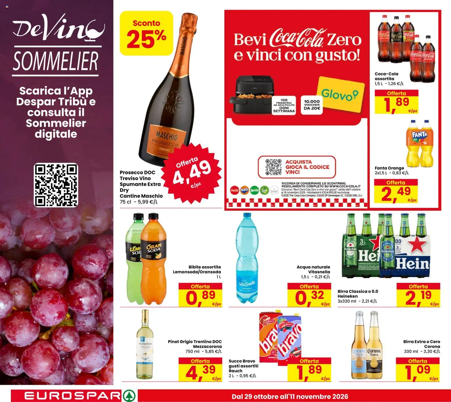 Volantino Eurospar del 29/10/2026 | Pagina: 16 | Prodotti: Prosecco, Acqua naturale, Coca Cola, Coca Cola Zero