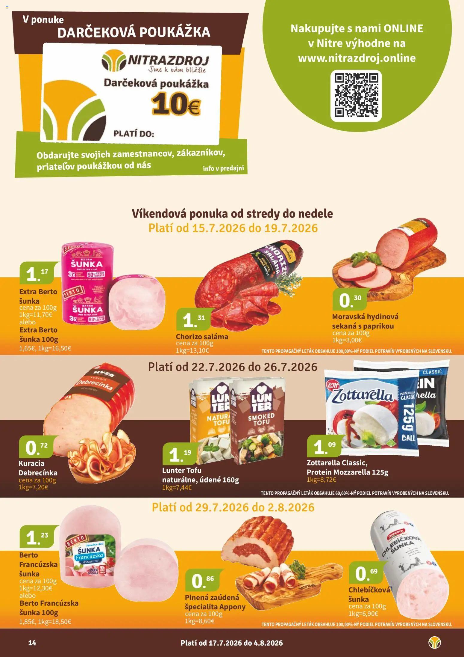 Nové Nitrazdroj akcie – leták je platný od 17.07.2026 | Strana: 14 | Produkty: Šunka, Mozzarella, Tofu, Protein