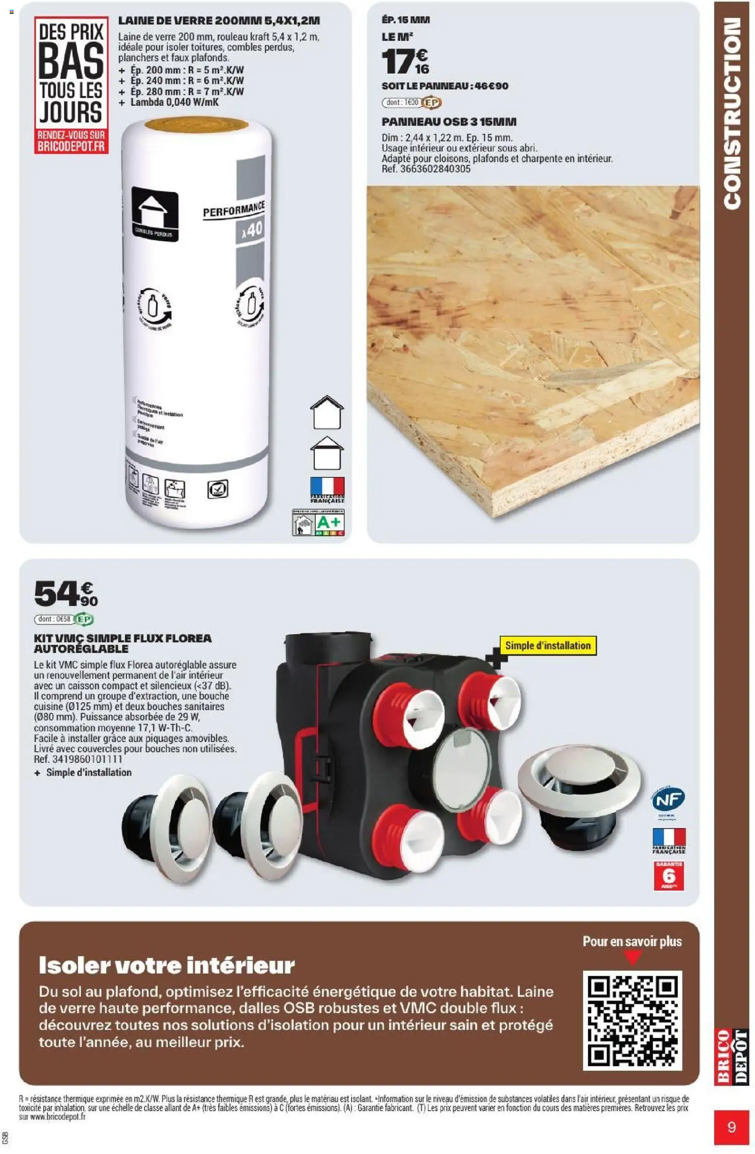 {H1} | Page: 9 | Produits: Panneau osb, Laine de verre, Rouleau, Livre