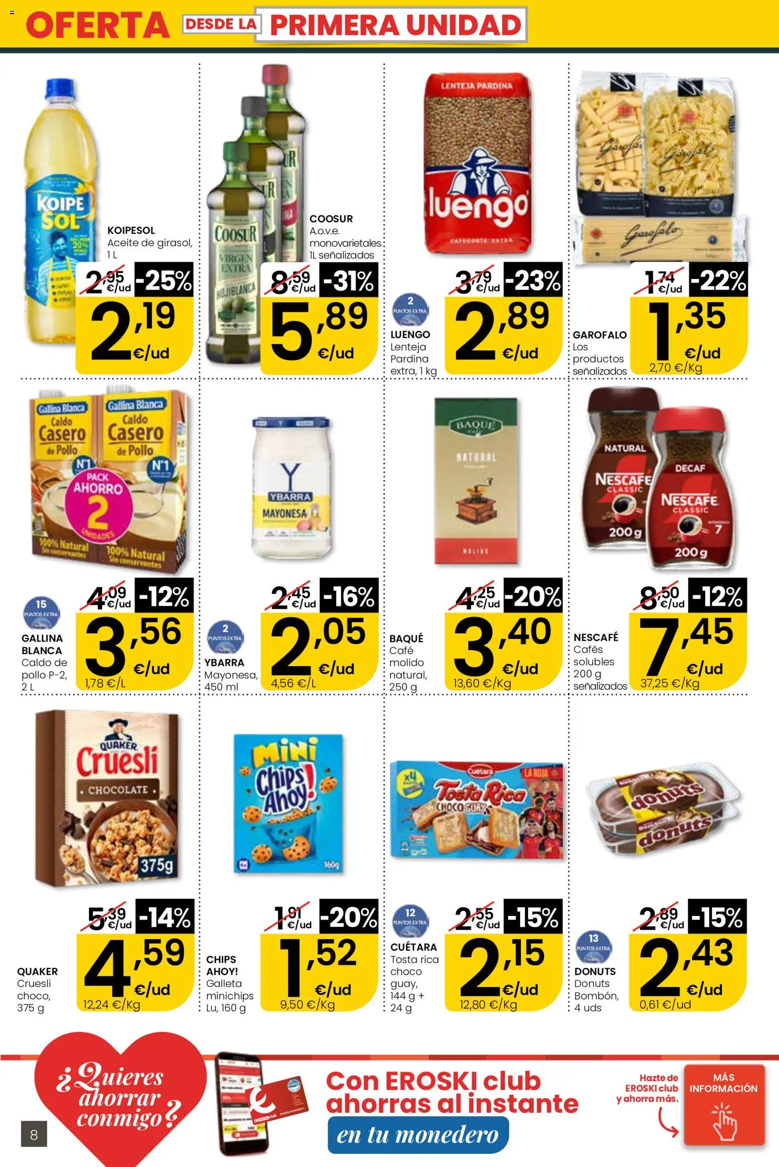 Eroski Quieres ahorrar conmigo │ válido desde el 30.04.2026 | Página: 8 | Productos: Aceite, Café, Chocolate, Οθόνη προβολής