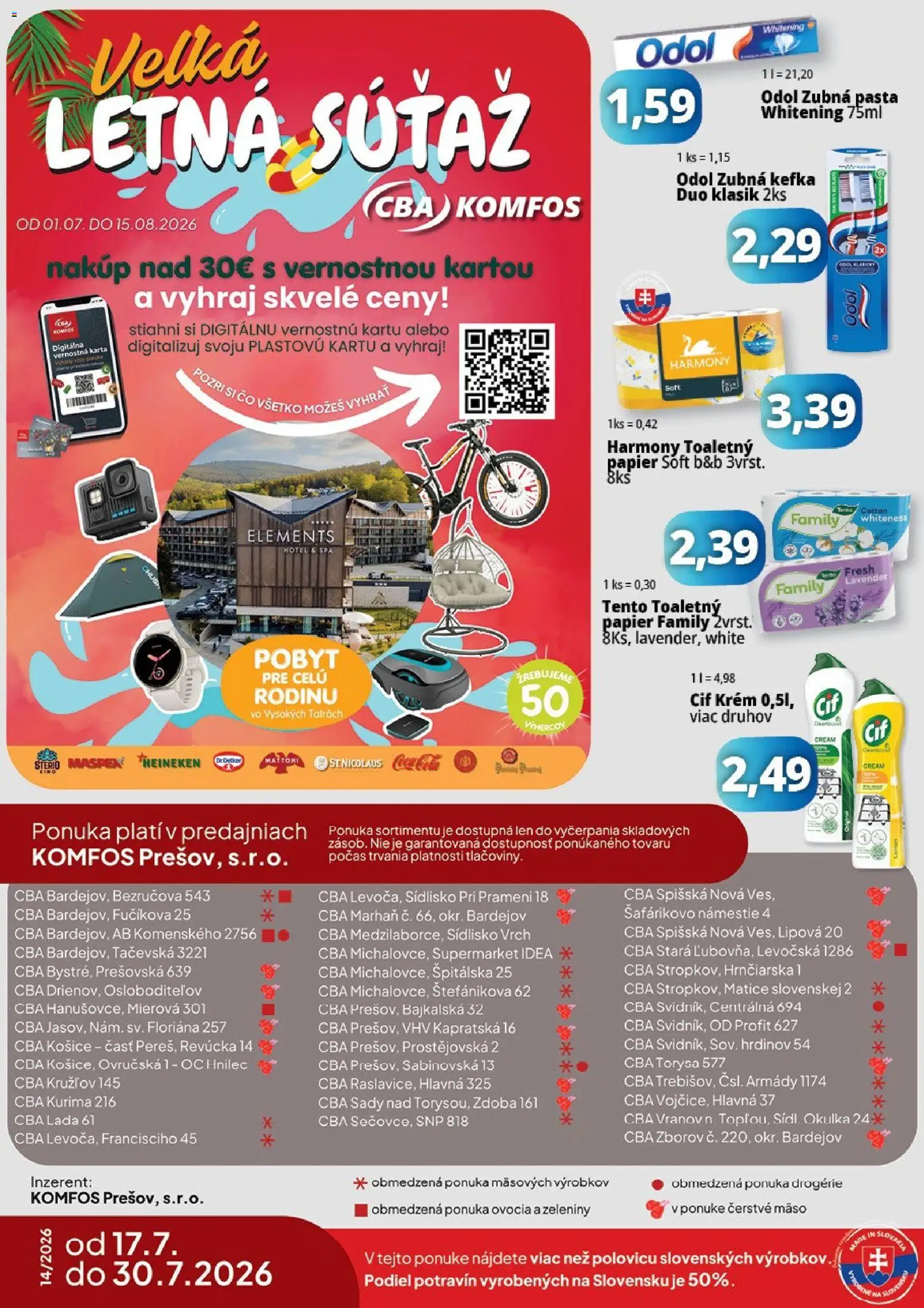 Nové CBA Komfos akcie – leták je platný od 17.07.2026 | Strana: 16 | Produkty: Zubná kefka, Toaletný papier, Zubná pasta, Krém