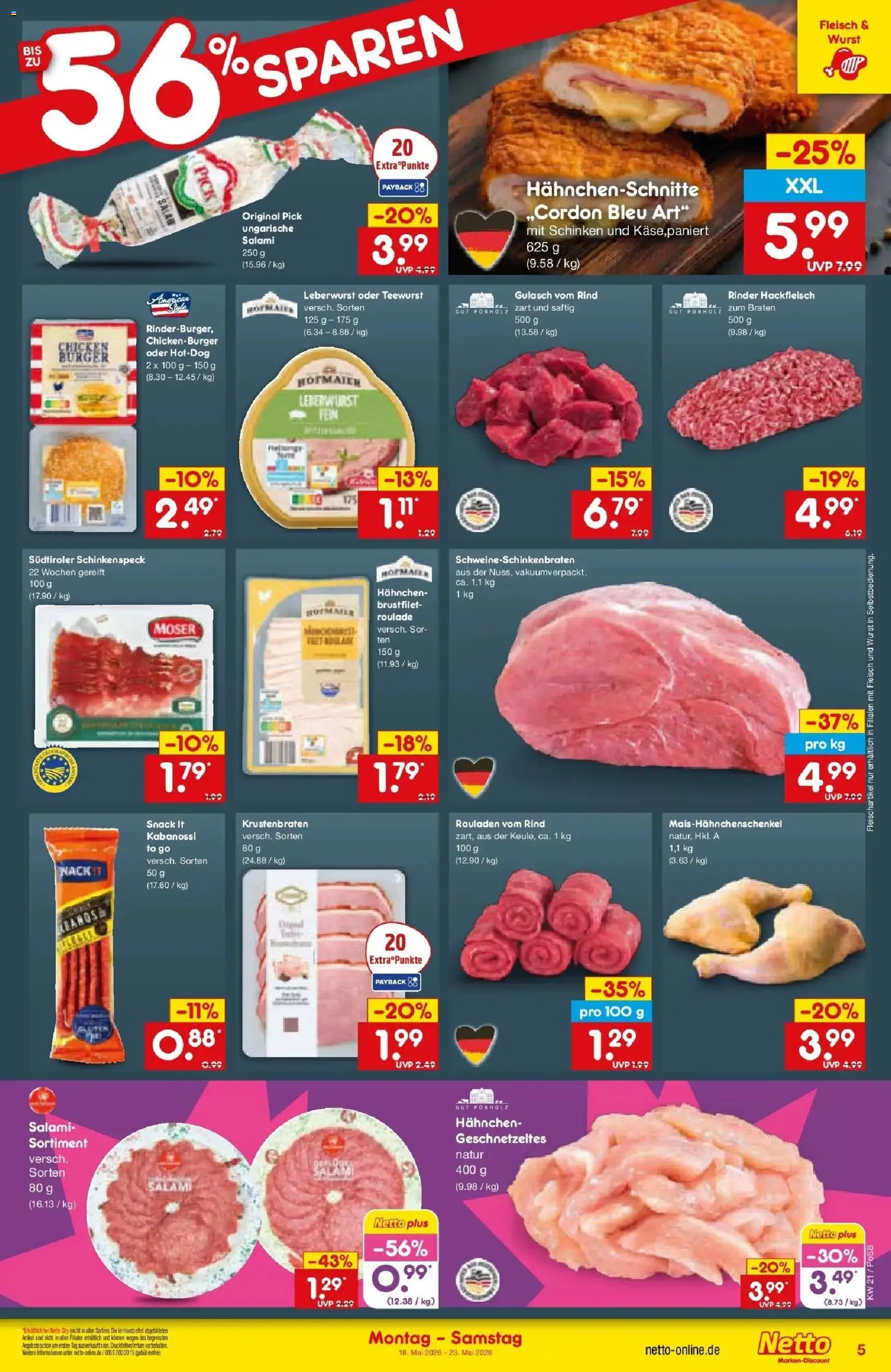 Netto Marken-Discount Prospekt Regensburg	 – gültig ab 17.05.2026 | Seite: 5 | Produkte: Hahnchen, Wurst, Salami, Schinken