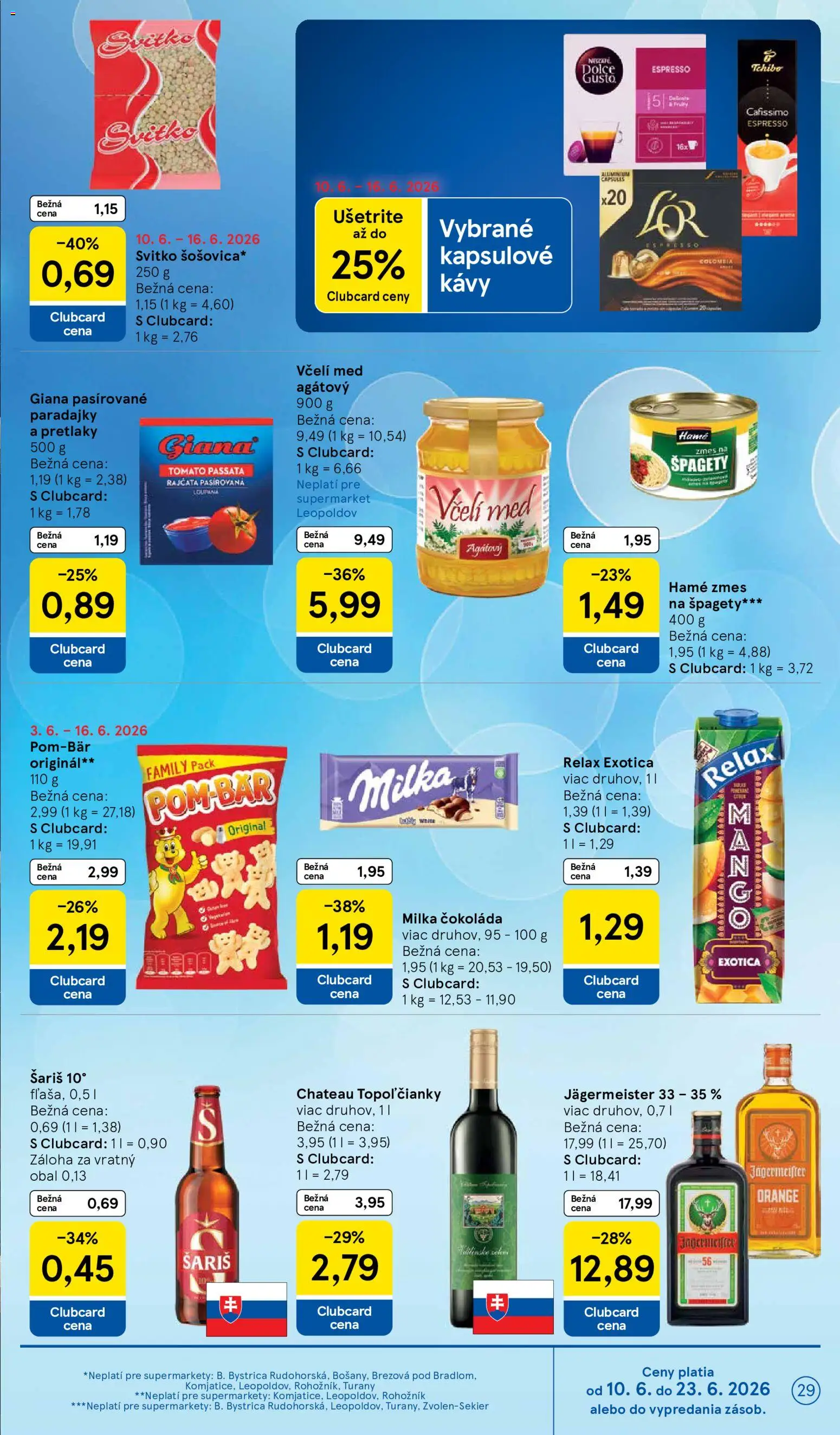 Nové Tesco akcie – leták je platný od 10.06.2026 | Strana: 29 | Produkty: Paradajky, Čokoláda, Šariš, Med