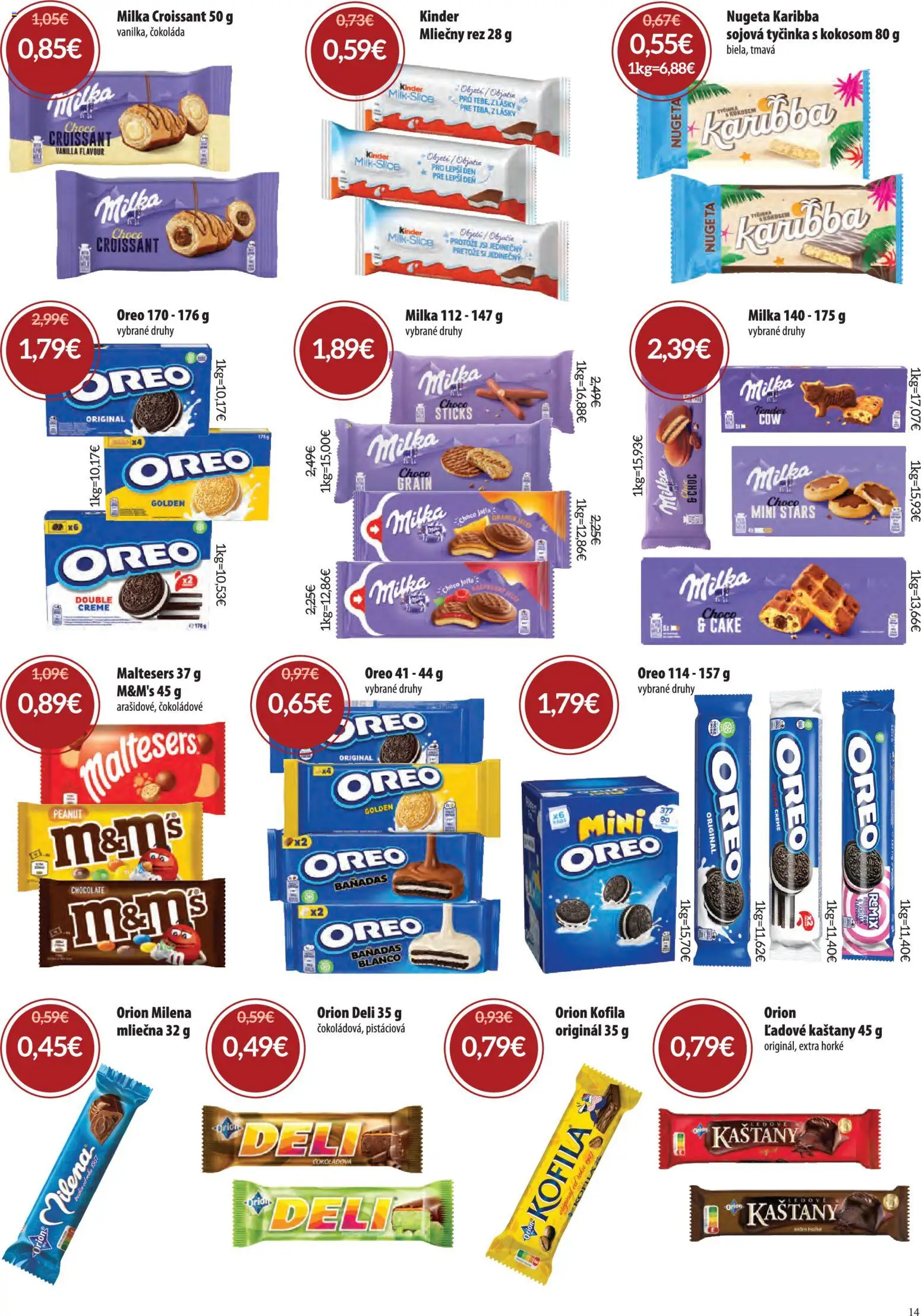 Nové Nitrazdroj akcie – leták je platný od 07.05.2026 | Strana: 14 | Produkty: Croissant, Kinder, Čokoláda, Milka
