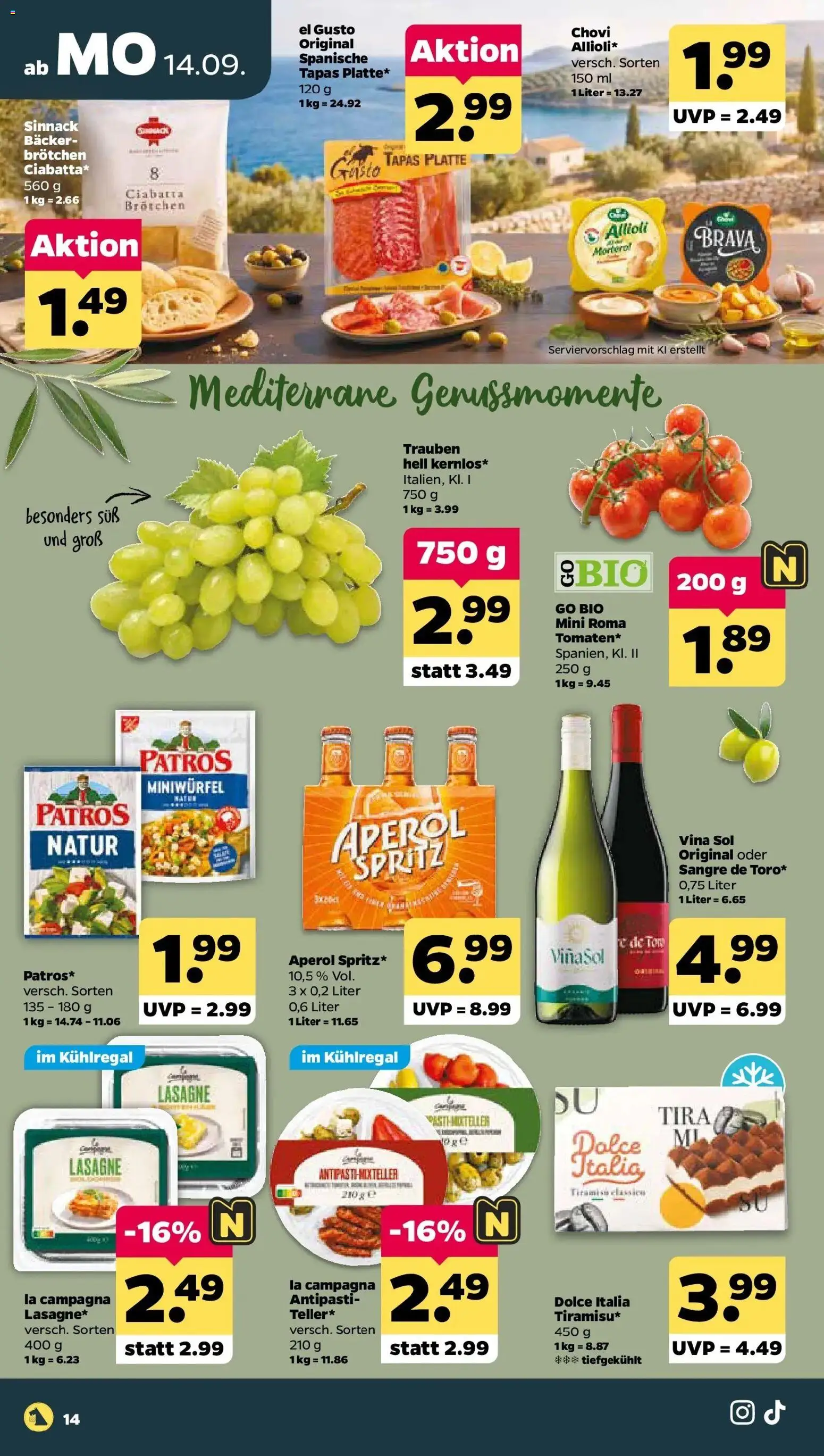 Netto Aktueller Prospekt ab 14.09.2026 → Angebote nächste Woche | Seite: 16 | Produkte: Trauben, Patros, Lasagne, Aperol