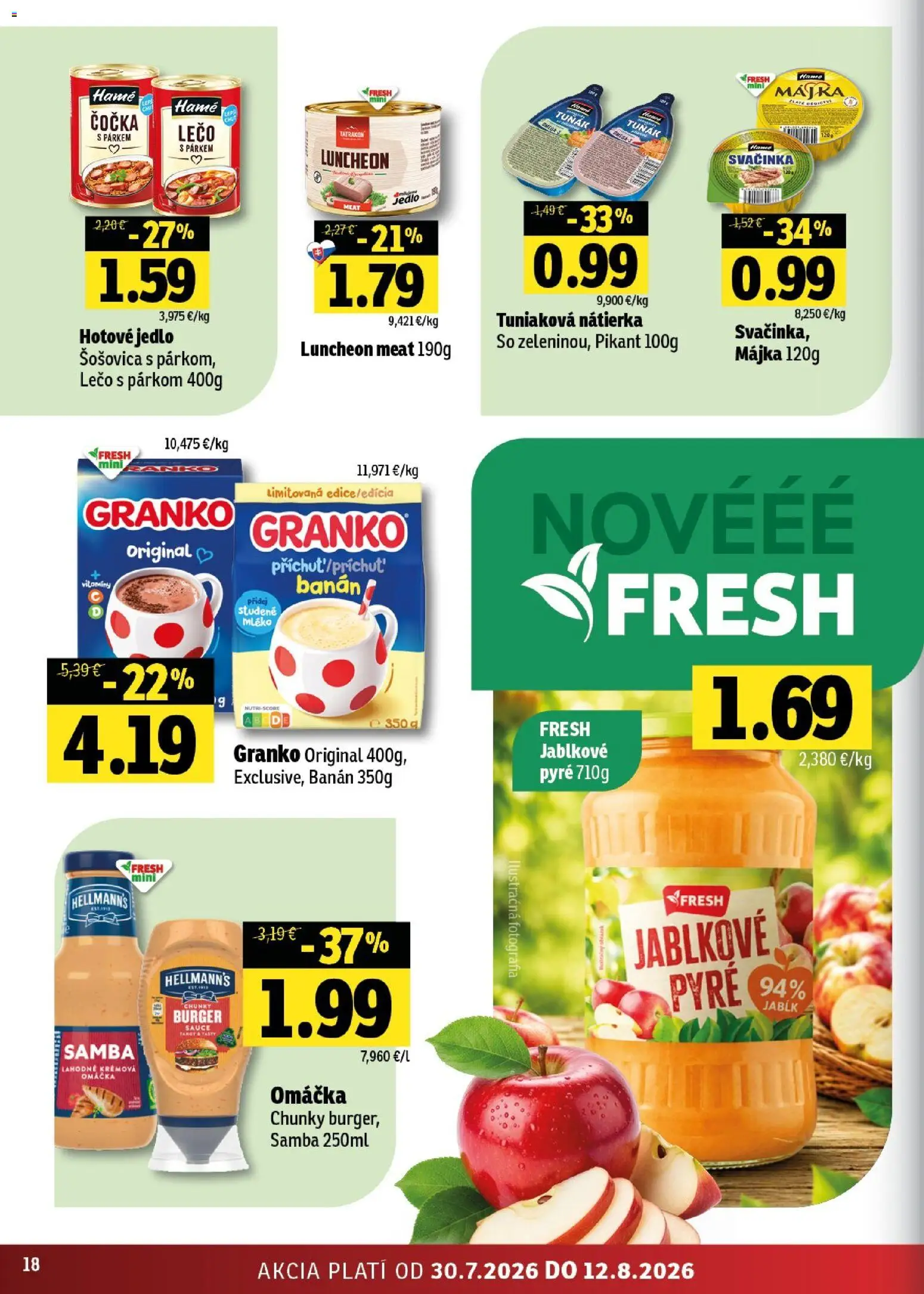 Nové Fresh akcie – leták je platný od 30.07.2026 | Strana: 18 | Produkty: Šošovica, Omáčka, Granko