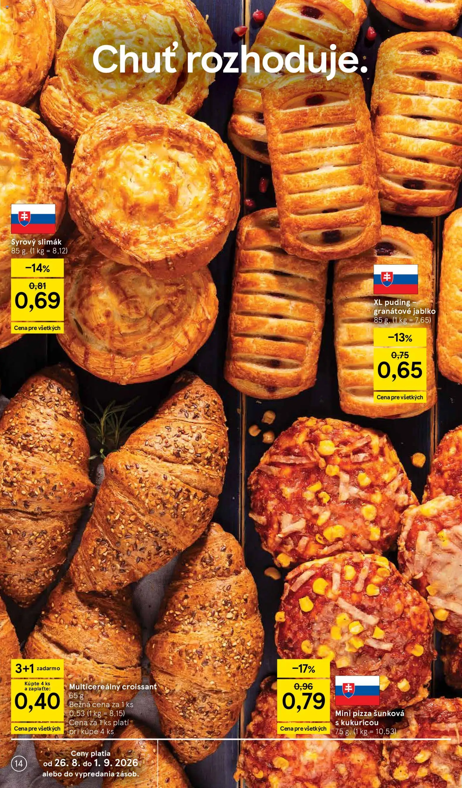 Nové Tesco akcie – leták je platný od 26.08.2026 | Strana: 14 | Produkty: Croissant, Puding, Apple, Granátové jablko