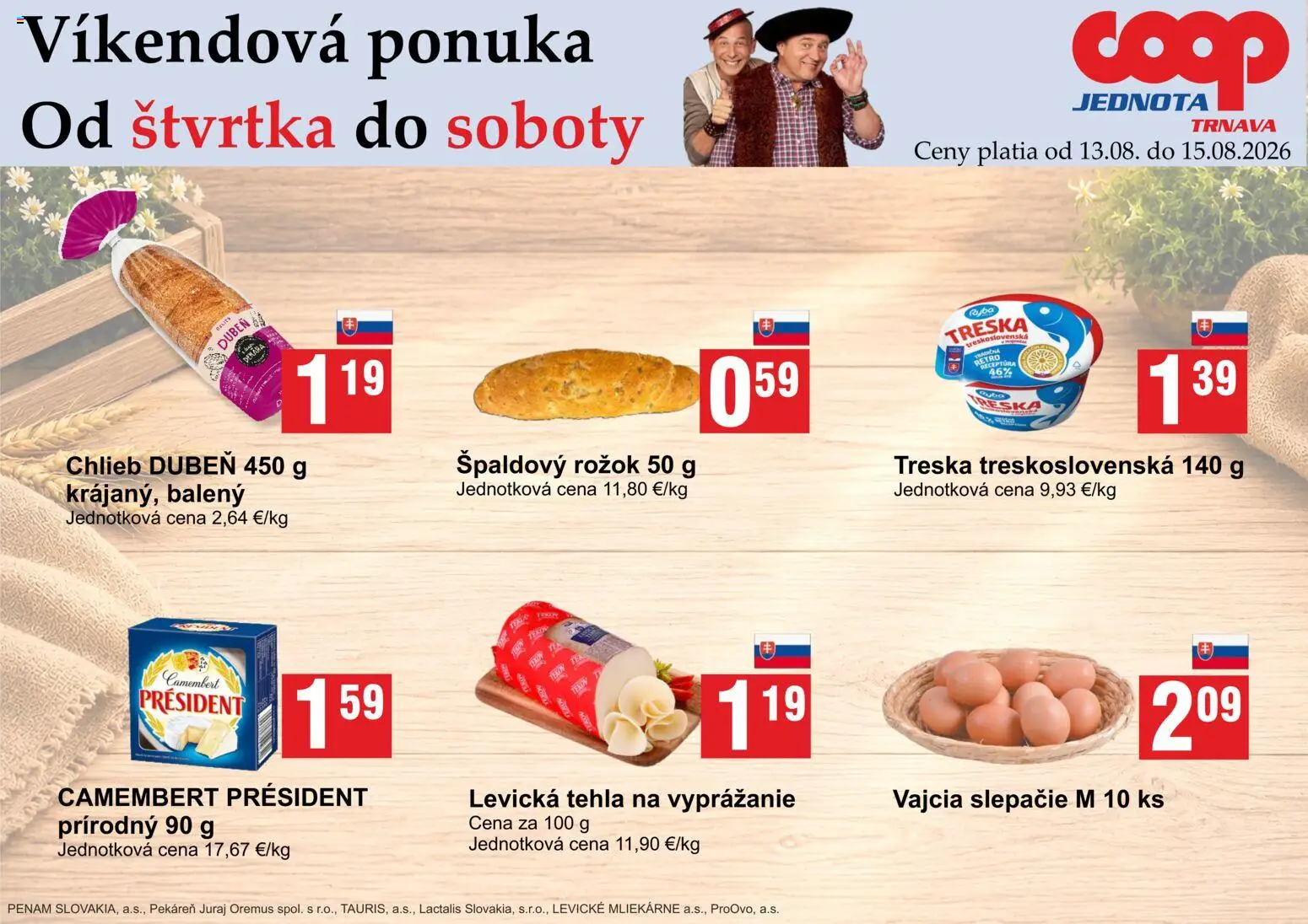 Nové COOP Jednota akcie – leták je platný od 13.08.2026 | Strana: 1 | Produkty: Vajcia, Chlieb, Ryba, Camembert