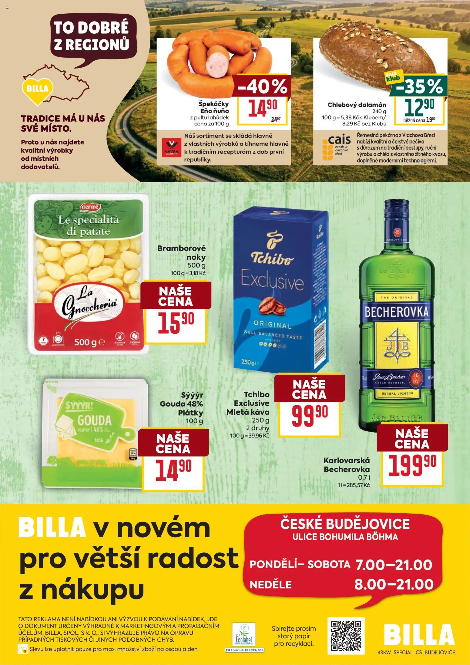Billa leták - České Budějovice od 21.10.2026 | Strana: 2 | Produkty: Chléb, Tchibo, Špekáčky, Pekárna
