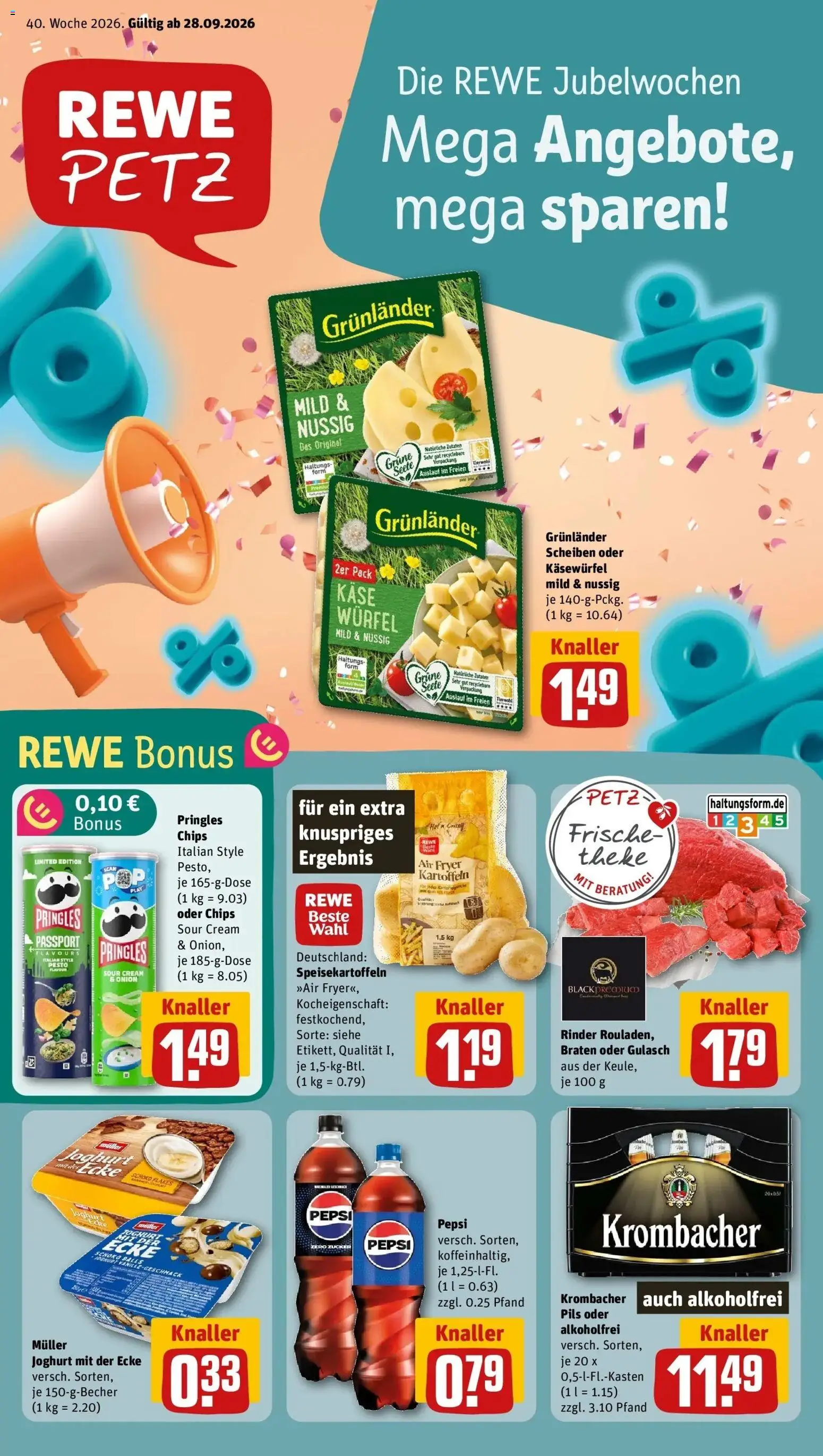 REWE Prospekt ab 28.09.2026 zum Blättern » Angebote | Seite: 1 | Produkte: Joghurt, Gulasch, Krombacher, Chips