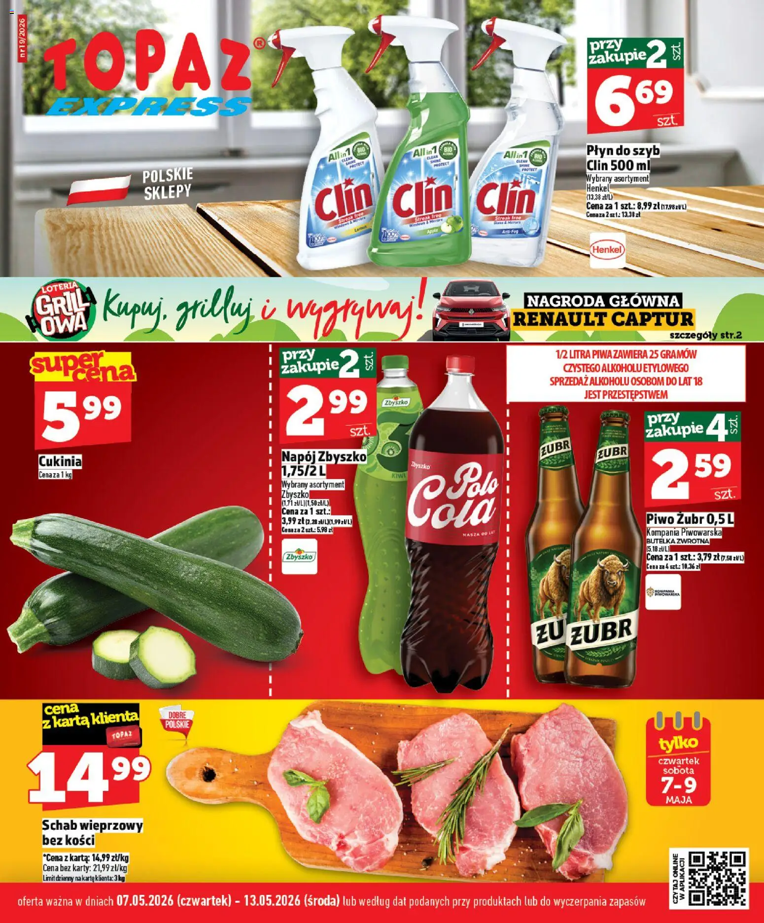 Topaz gazetka - Express od 07.05.2026 | Strona: 1 | Produkty: Piwo żubr, Schab wieprzowy bez kości, Grill, Kiwi