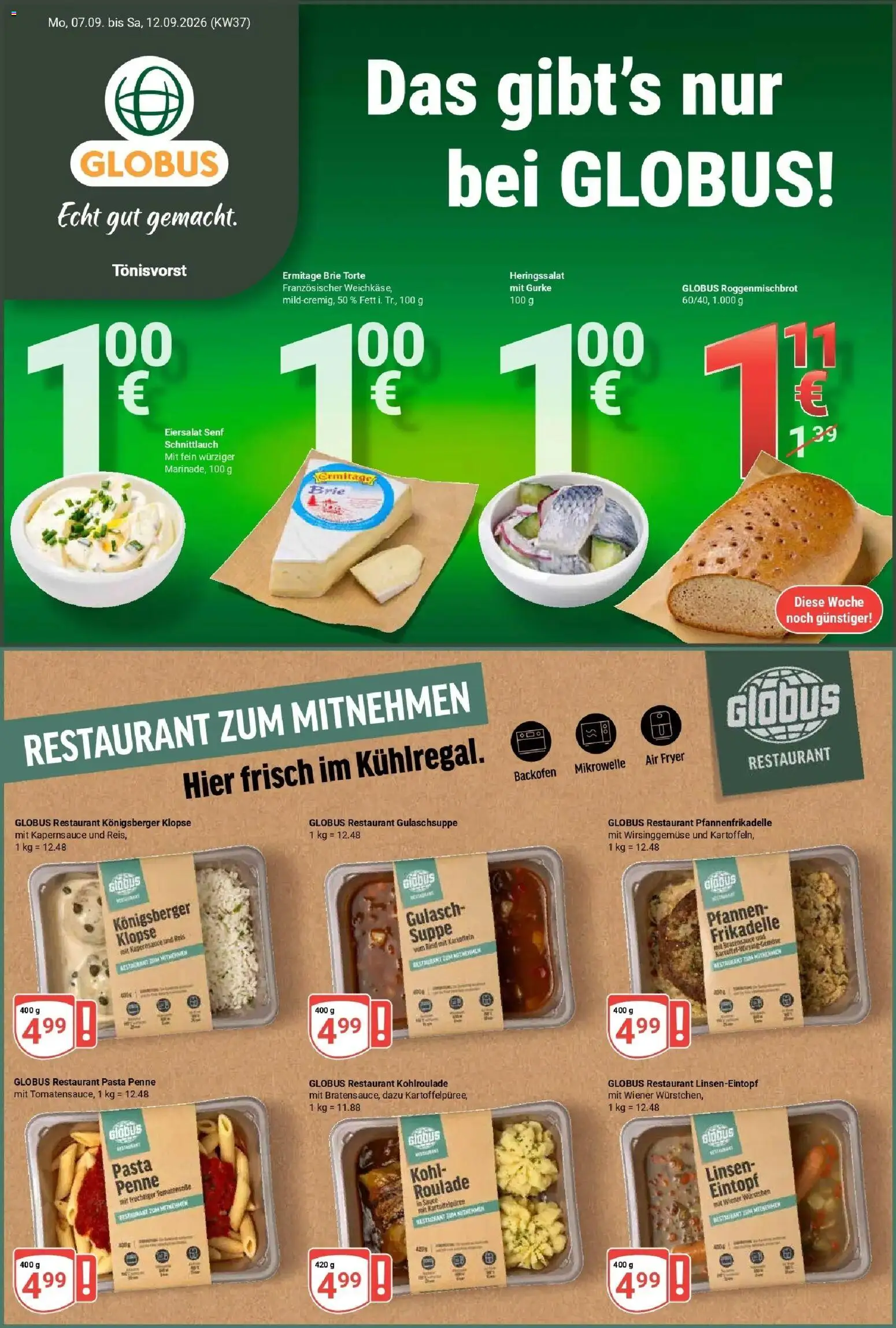 Globus Prospekt Tönisvorst – gültig ab 07.09.2026 | Seite: 1 | Produkte: Mikrowelle, Wiener wurstchen, Backofen, Pasta