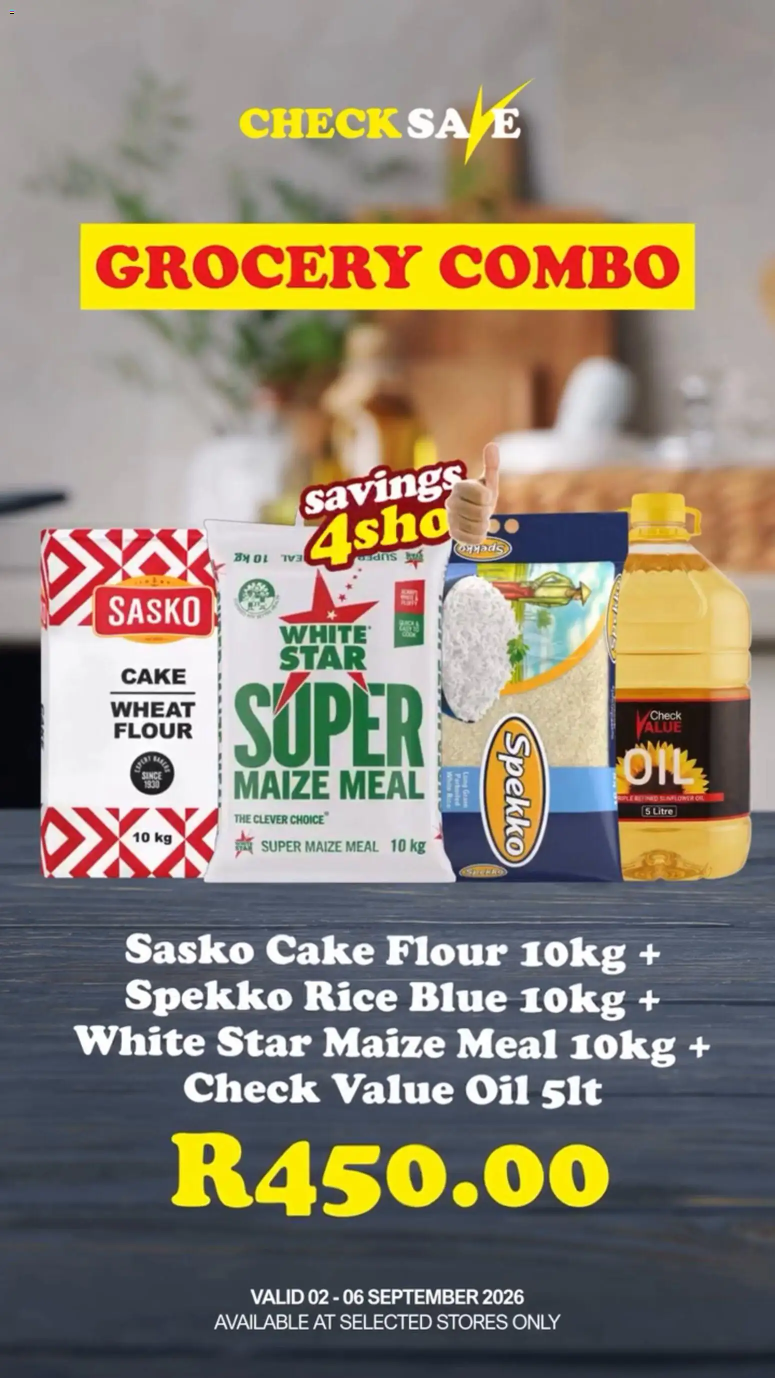 New Check Save catalogue – valid from 02/09/2026 | Page: 1 | Products: Cake, Flour, Maize meal, Oil