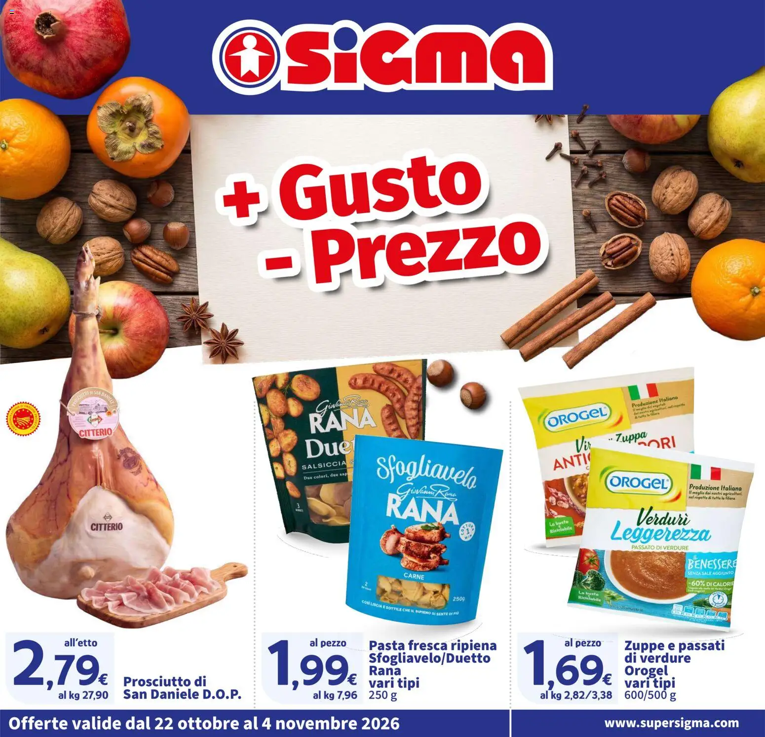 Volantino SIGMA del 22/10/2026 | Pagina: 1 | Prodotti: Zuppe, Prosciutto, Salsiccia, Pasta