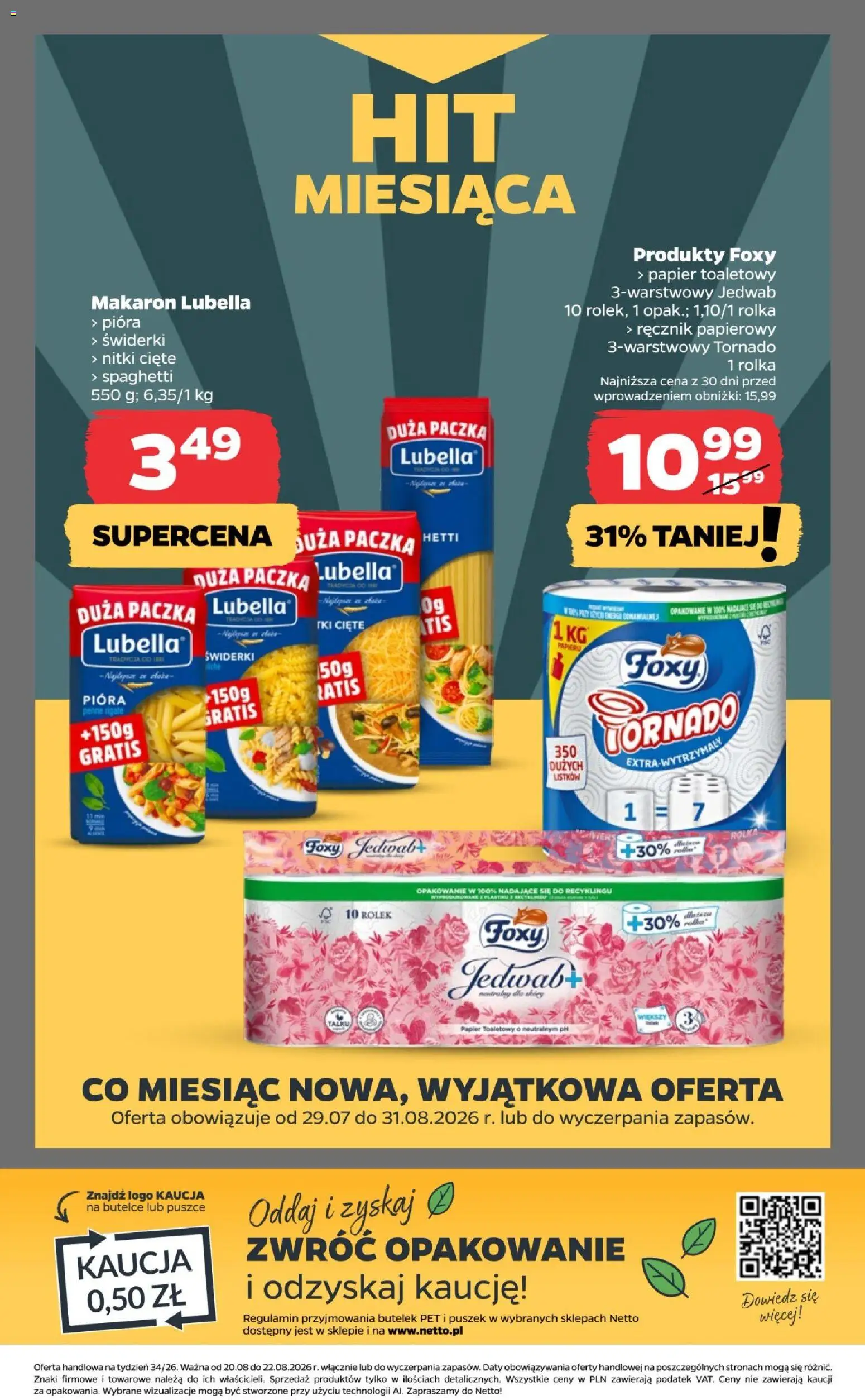 Netto gazetka od czwartku od 20.08.2026 | Strona: 20 | Produkty: Papier toaletowy, Penne, Makaron, Ręcznik papierowy