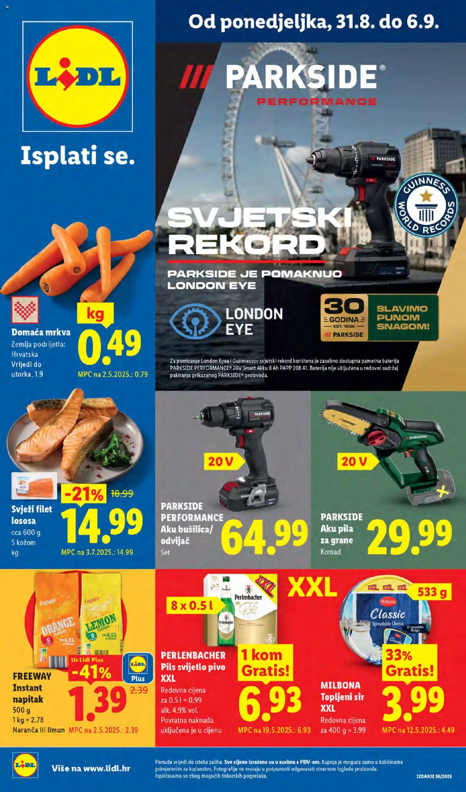 Lidl katalog | vrijedi od 31.08.2026 | Stranica: 1 | Proizvodi: Topljeni sir, Svijetlo pivo, Sir, Parkside