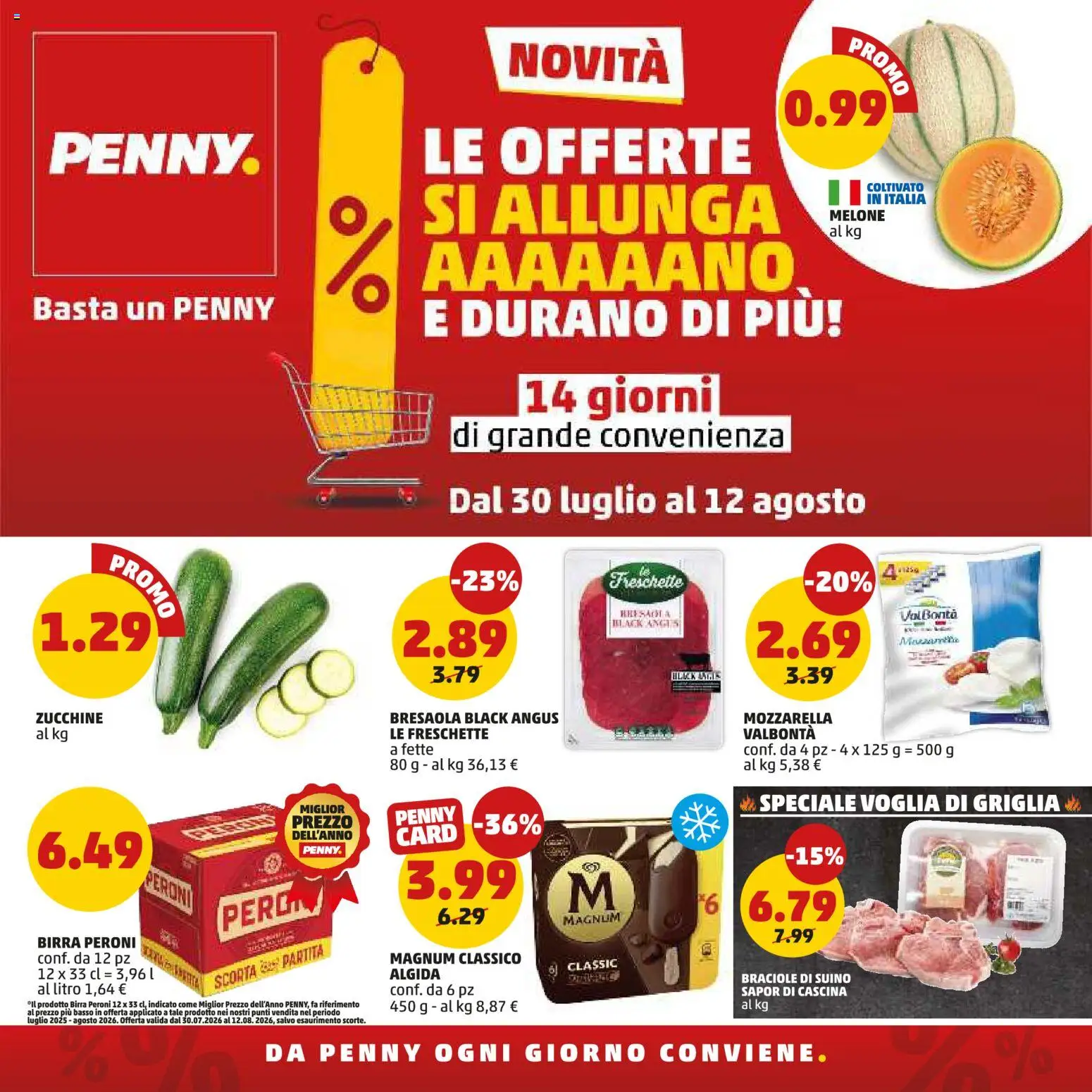 Volantino PENNY del 30/07/2026 | Pagina: 1 | Prodotti: Bresaola, Suino, Mozzarella, Melone