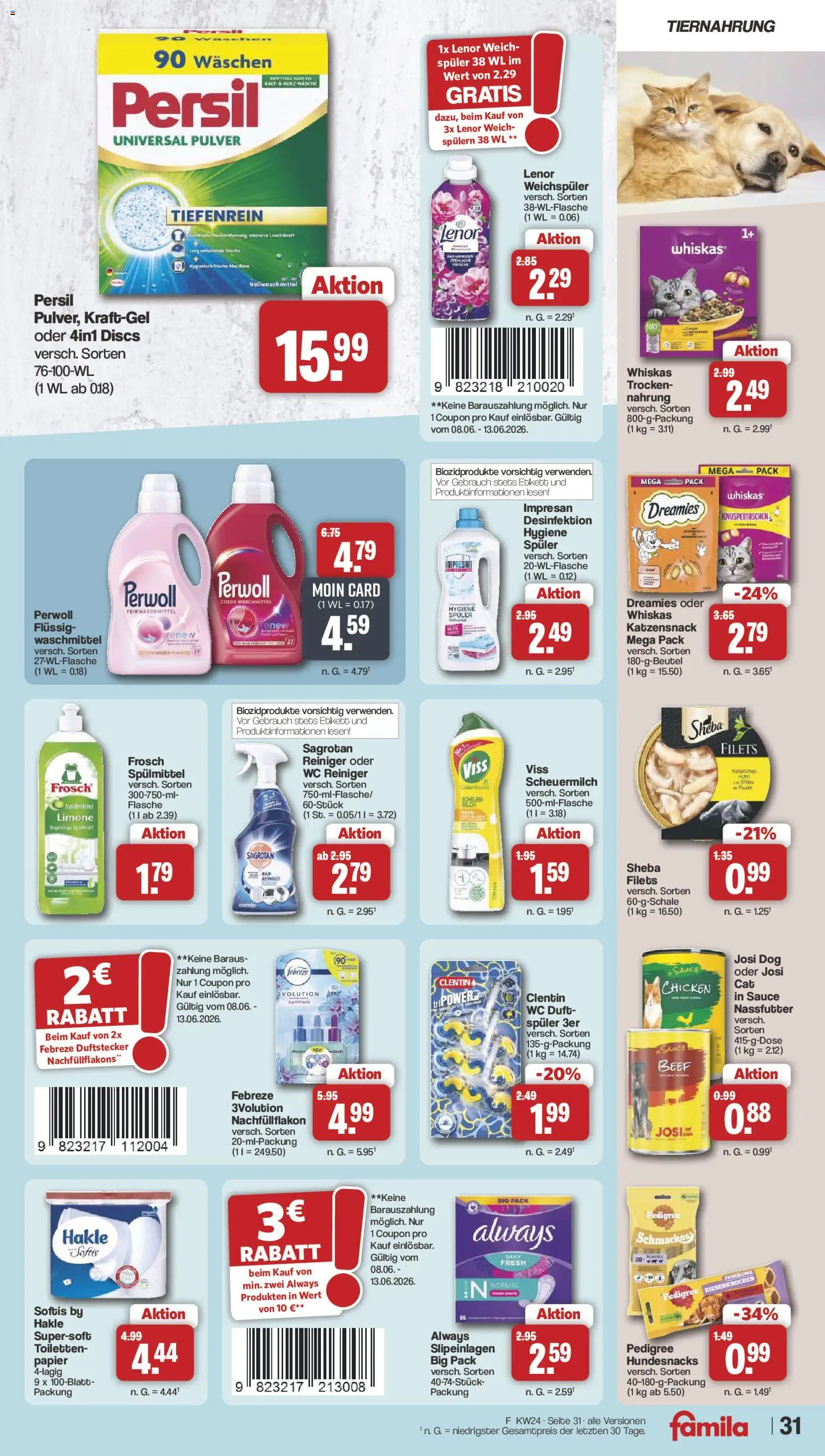 Famila Nordwest Prospekt – gültig ab 08.06.2026 | Seite: 33 | Produkte: Lenor, Sheba, Weichspüler, Pedigree