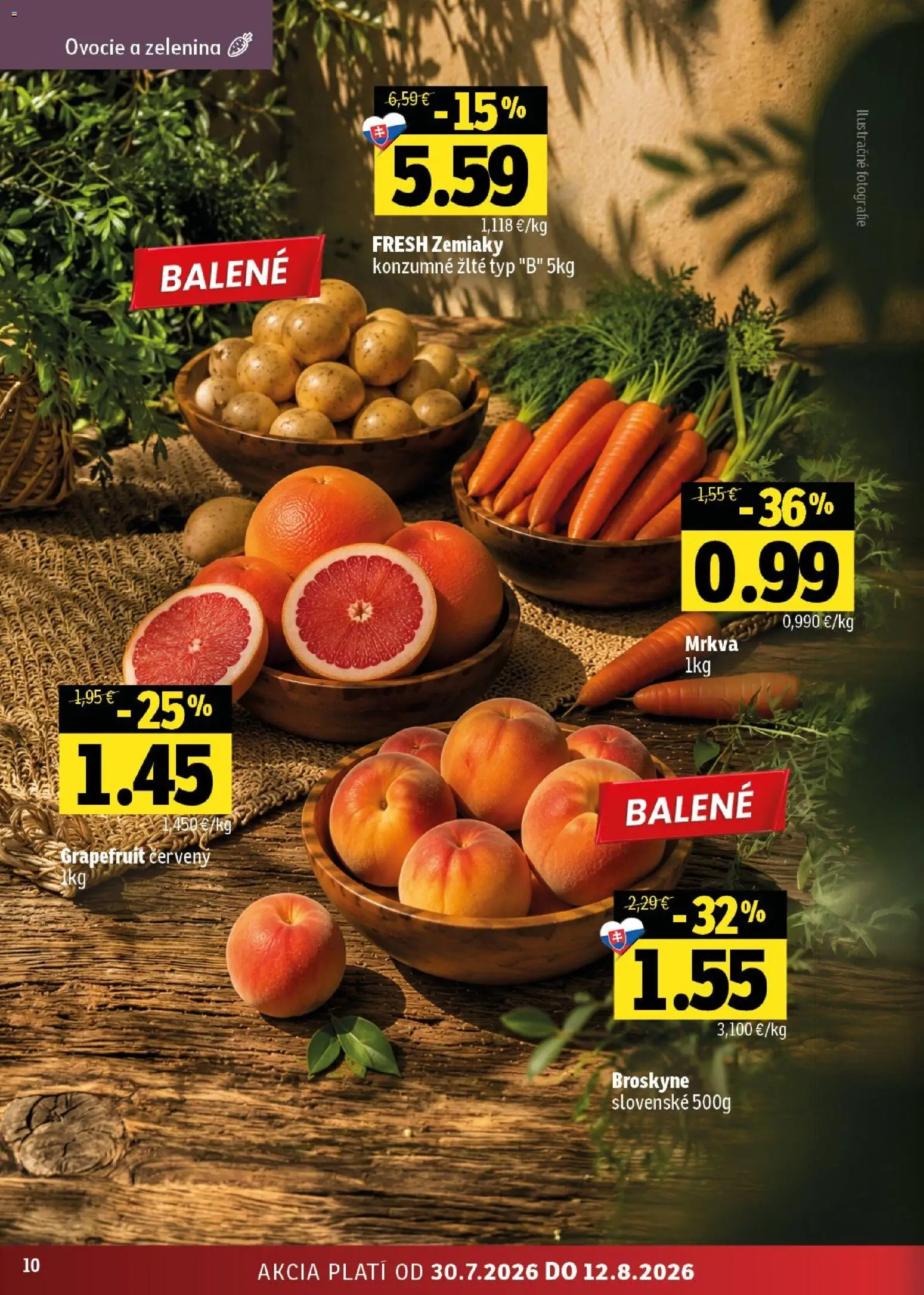 Nové Fresh akcie – leták je platný od 30.07.2026 | Strana: 10 | Produkty: Mrkva, Zemiaky, Broskyne, Ovocie