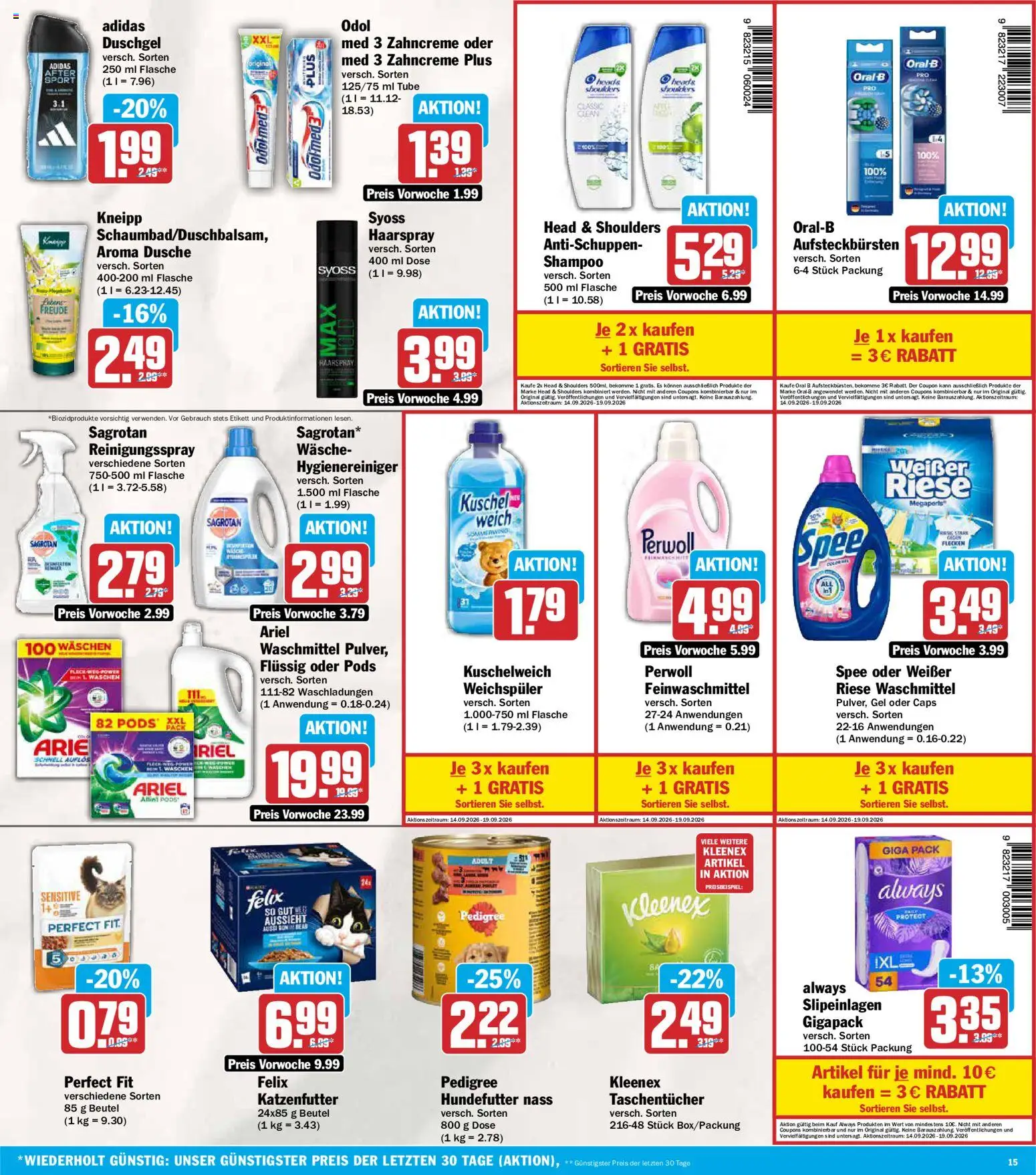 AEZ Prospekt – gültig ab 14.09.2026 | Seite: 15 | Produkte: Katzenfutter, Ariel, Head & shoulders, Haarspray
