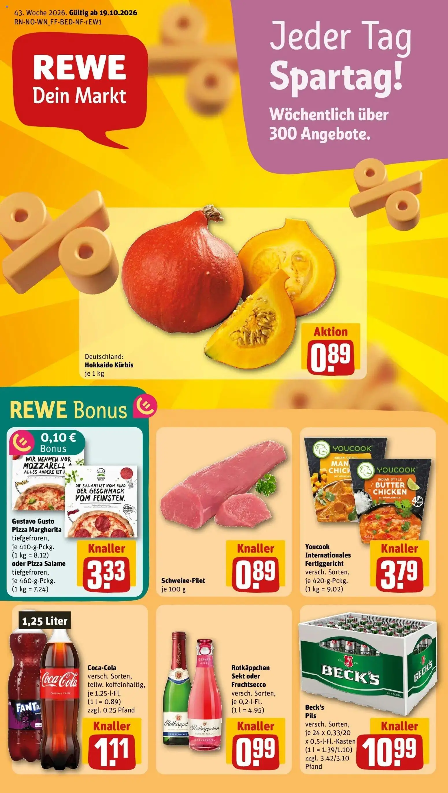 REWE Prospekt ab 19.10.2026 zum Blättern » Angebote | Seite: 1 | Produkte: Granatapfel, Fanta, Sekt, Pizza