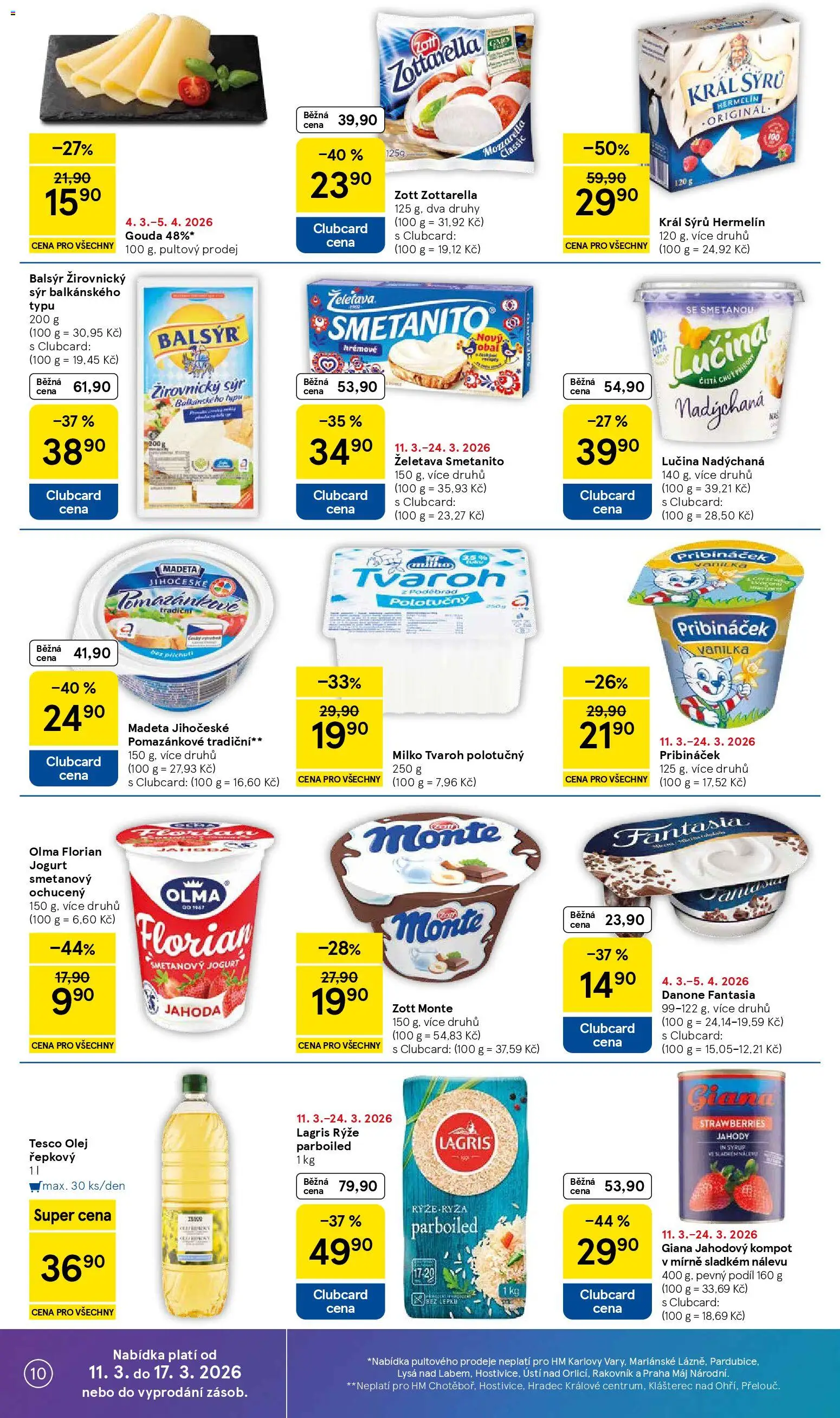 Tesco leták - Hypermarket od 11.03.2026 | Strana: 10 | Produkty: Pribináček, Rýže parboiled, Hermelín, Cream cheese
