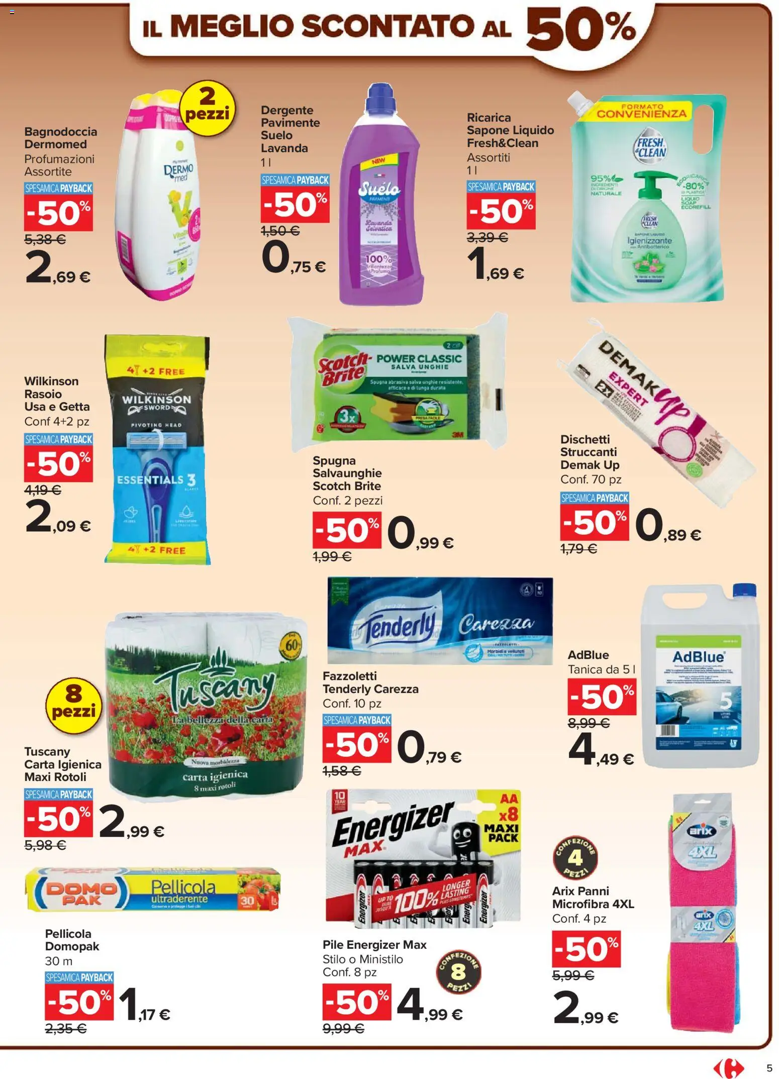 Volantino Carrefour del 07.04.2026 | Pagina: 5 | Prodotti: Spugna, Fazzoletti, Tanica, Lavanda