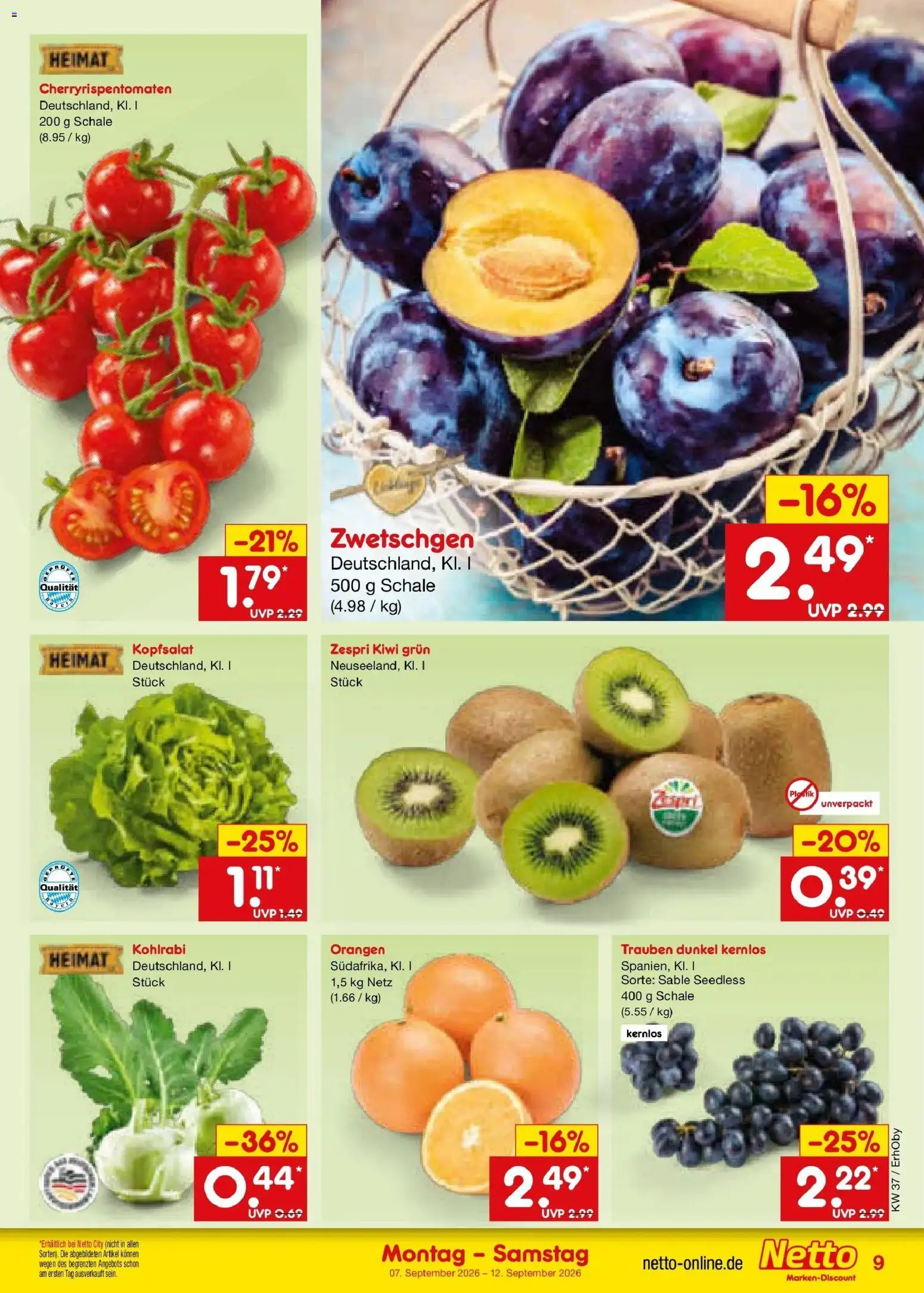 Netto Marken-Discount Prospekt Ergolding – gültig ab 07.09.2026 | Seite: 15 | Produkte: Trauben, Kohlrabi, Zwetschgen, Kiwi